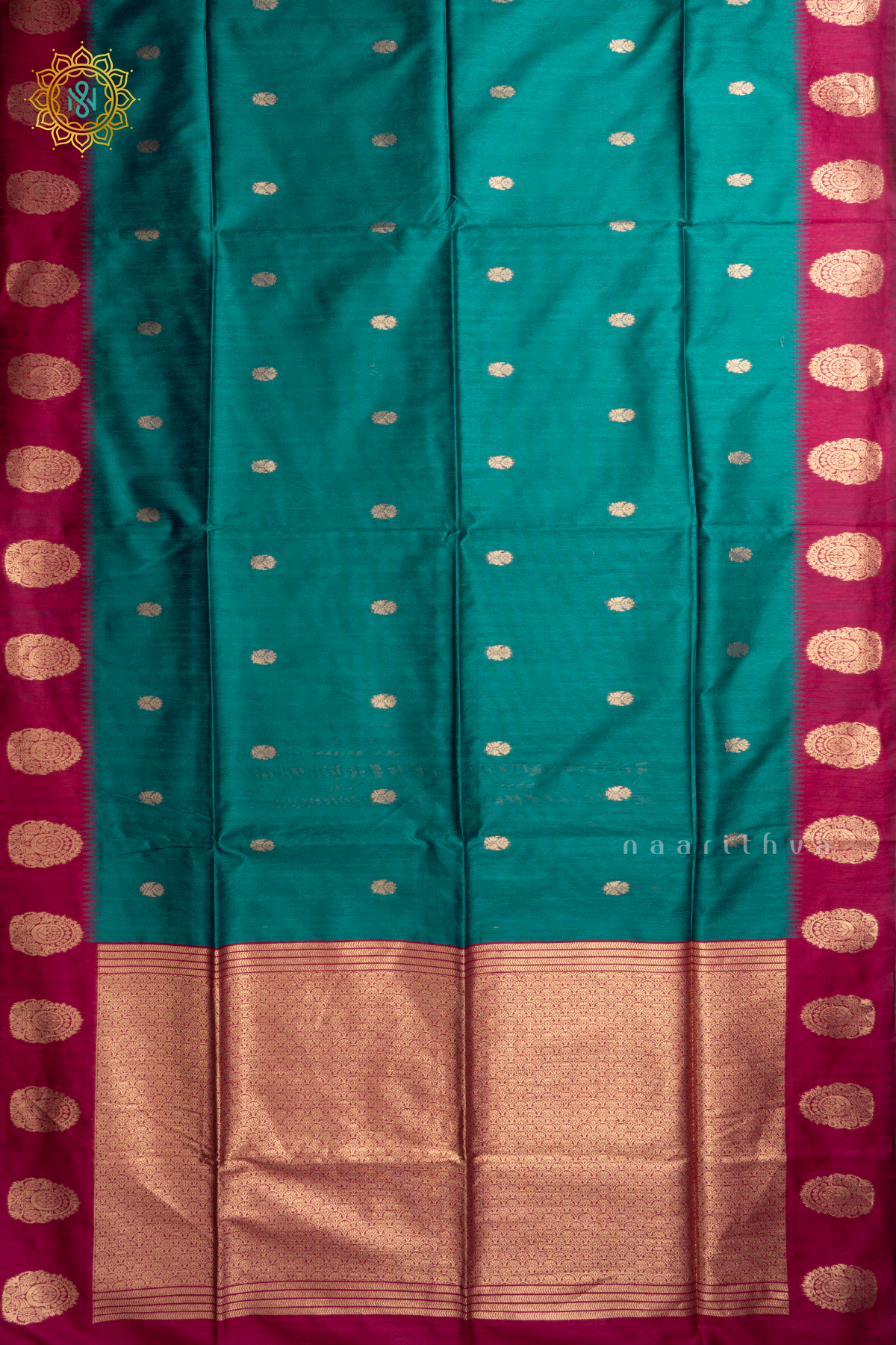 Peacock Green With Pink Semi Raw Silk Saree Zari Buttas On The Body With Contrast Zari Border & Pallu