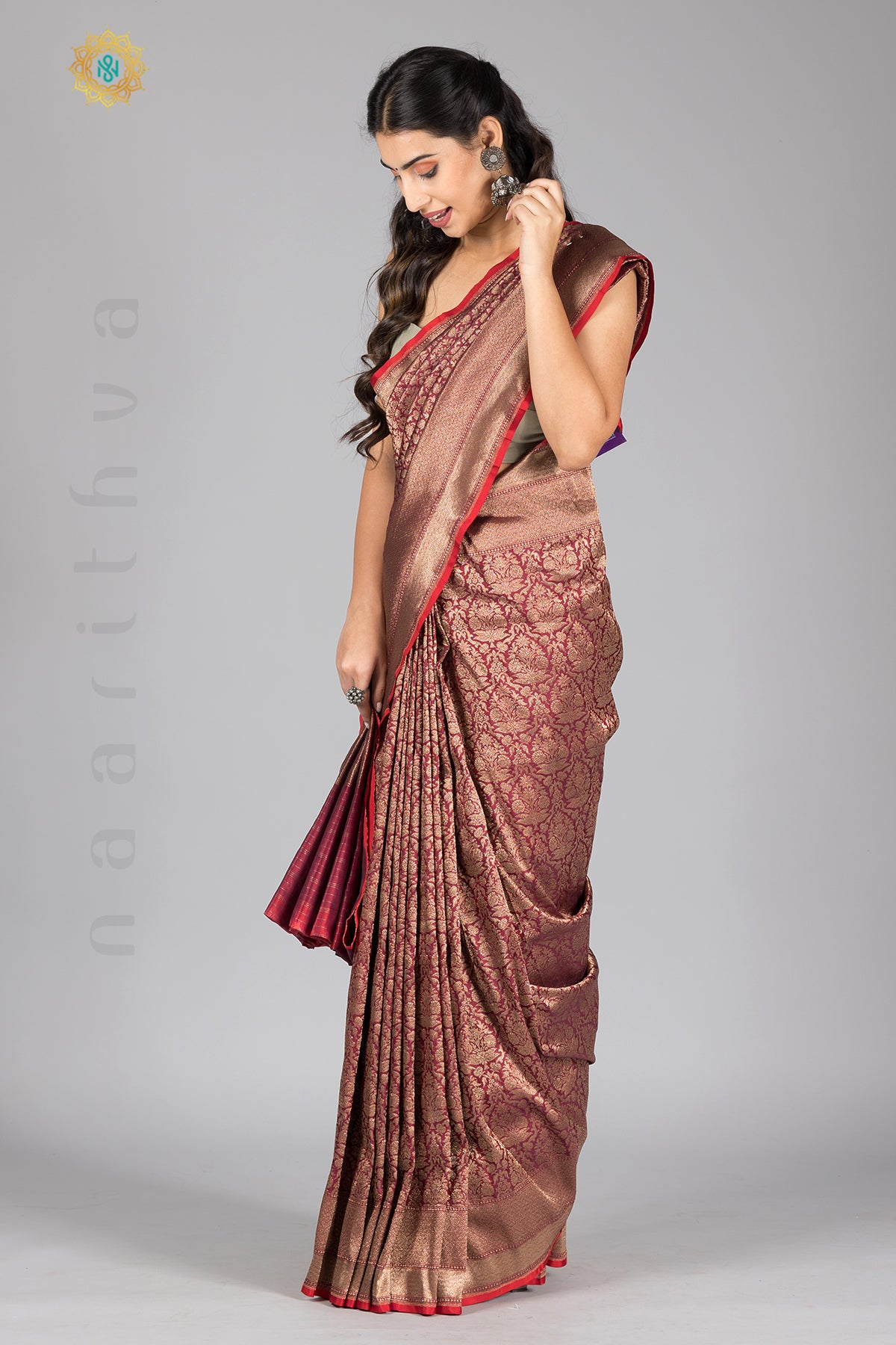 MAROON WITH RED - PURE HANDLOOM KATAN SILK WITH ANTIQUE ZARI WEAVES & CONTRAST BLOUSE