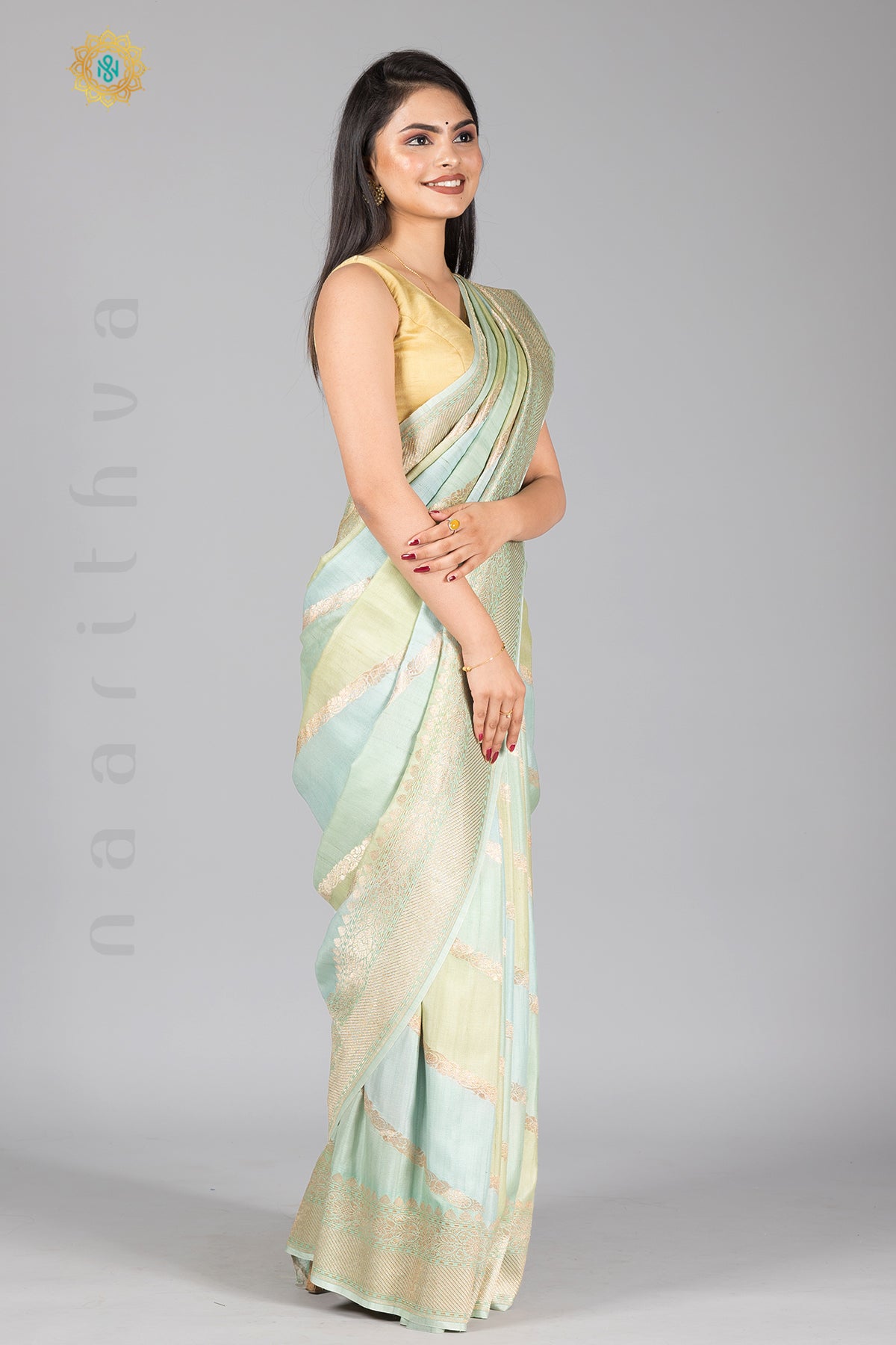 PASTEL SHADES OF BLUE & GREEN - PURE HANDLOOM TUSSAR GEORGETTE WITH WATER ZARI WEAVES