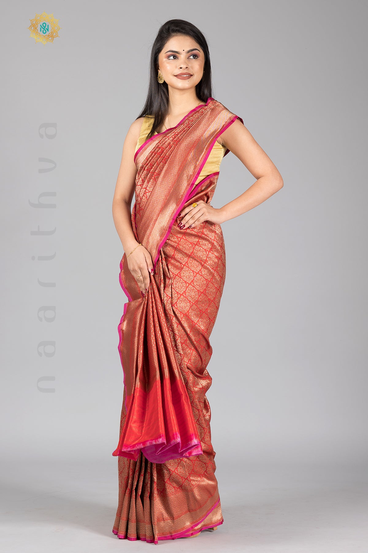 RED WITH PINK - PURE HANDLOOM KATAN SILK WITH ANTIQUE ZARI WEAVES & CONTRAST BLOUSE