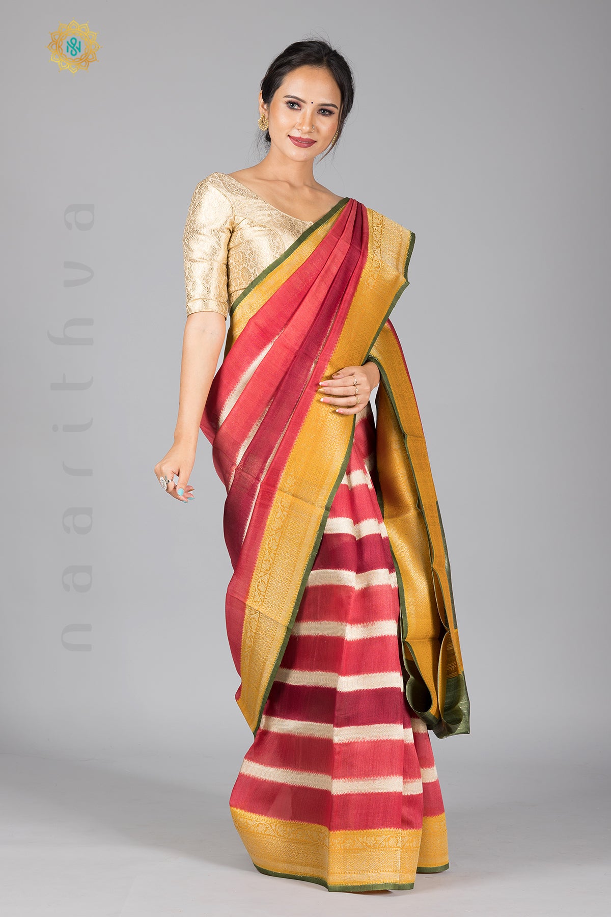 RANGKAAT - PURE TUSSAR SILK IN STRIPES PATTERN WITH ZARI WOVEN CONTRAST BORDER & WOVEN CONTRAST BLOUSE