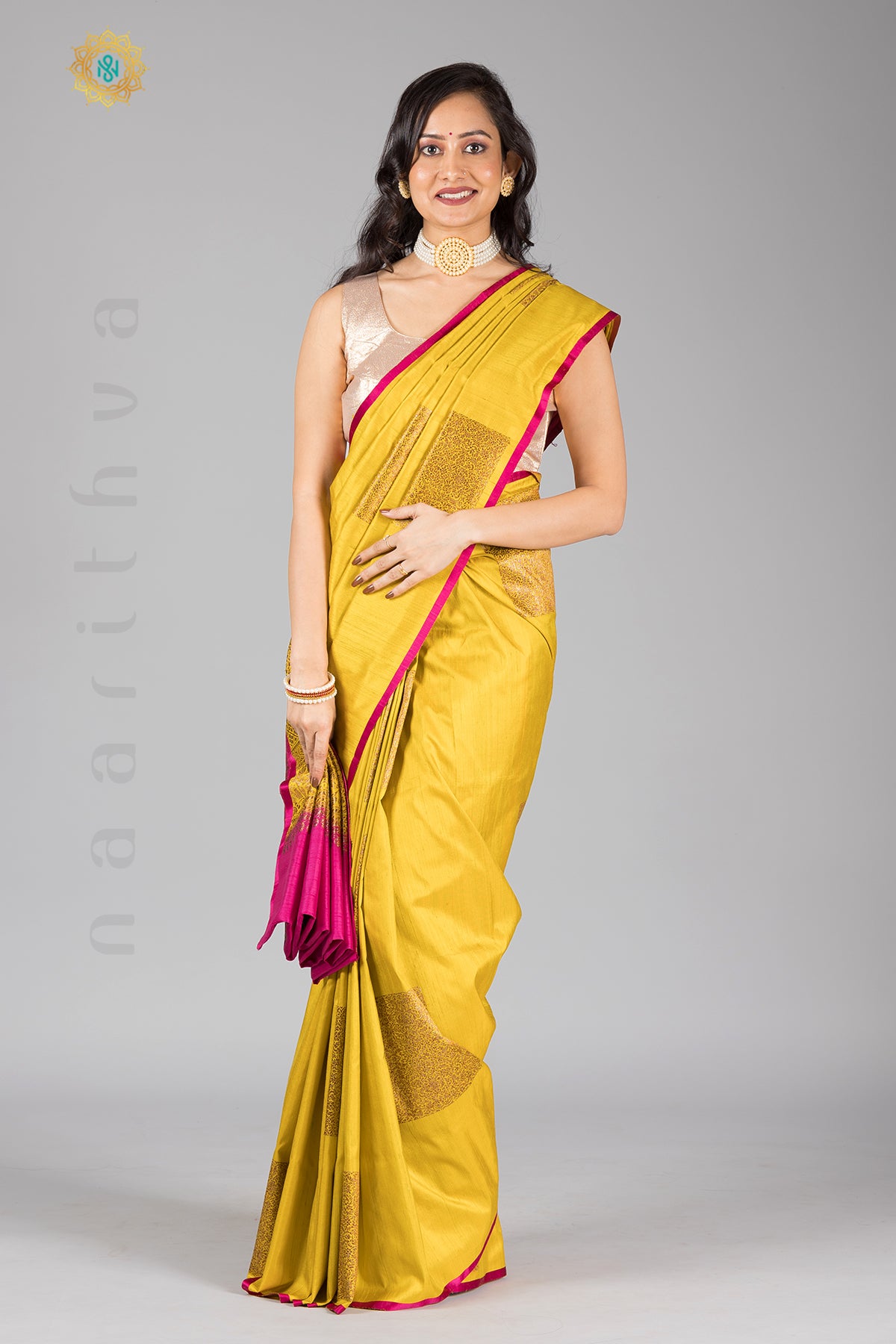 YELLOW WITH PINK - PURE RAW SILK WITH ZARI WOVEN SQUARE BUTTAS & BROCADE BLOUSE