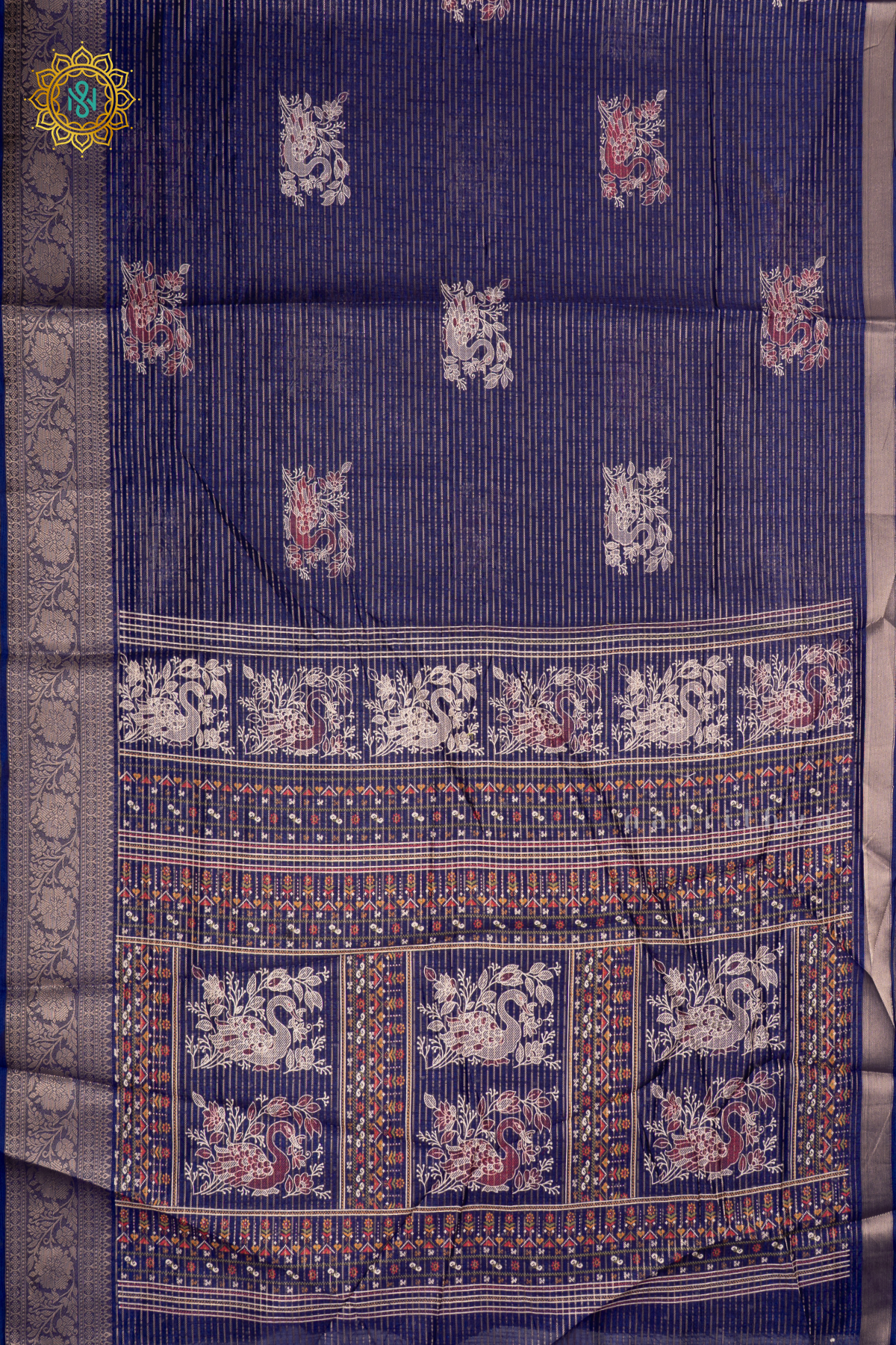 Navy Blue Dola Silk Saree With Allover Printed Buttas And Zari Stripes With Zari Border