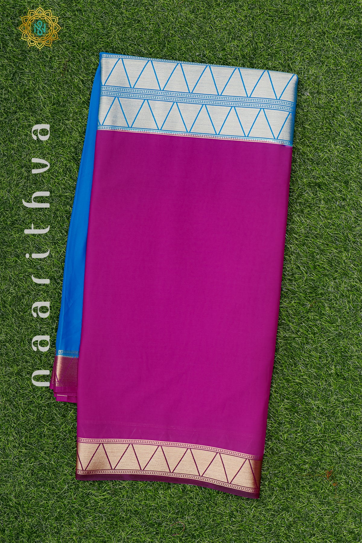 SKY BLUE WITH PINK & WINE - - SEMI MYSORE CREPE SILK