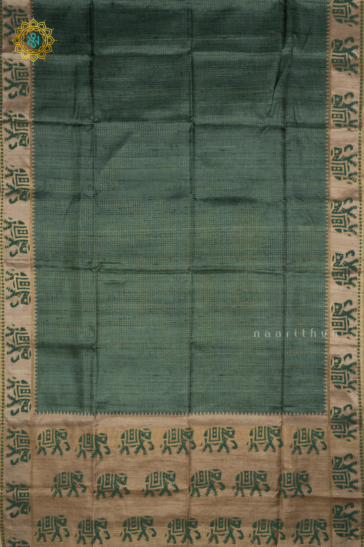 Green With Beige Semi Tussar Silk Saree With Zari Stripes On The Body, Printed Border And Contrast Blouse