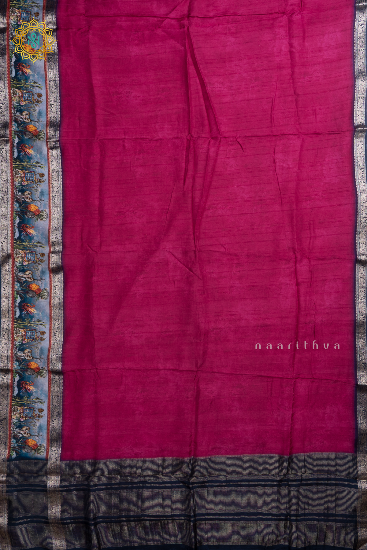 Pink With Blue Printed Semi Crepe Silk With Contrast Border, Pallu