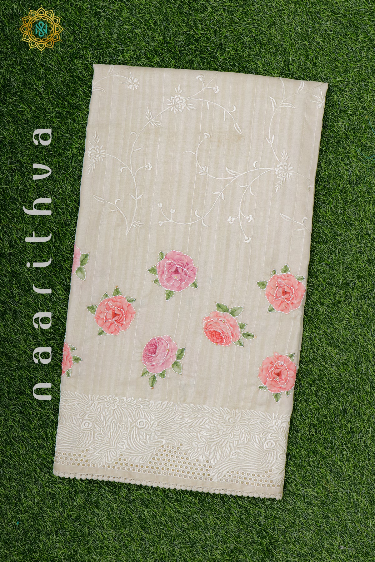 OFF WHITE WITH PINK - TUSSAR SILK WITH KATHA WORK