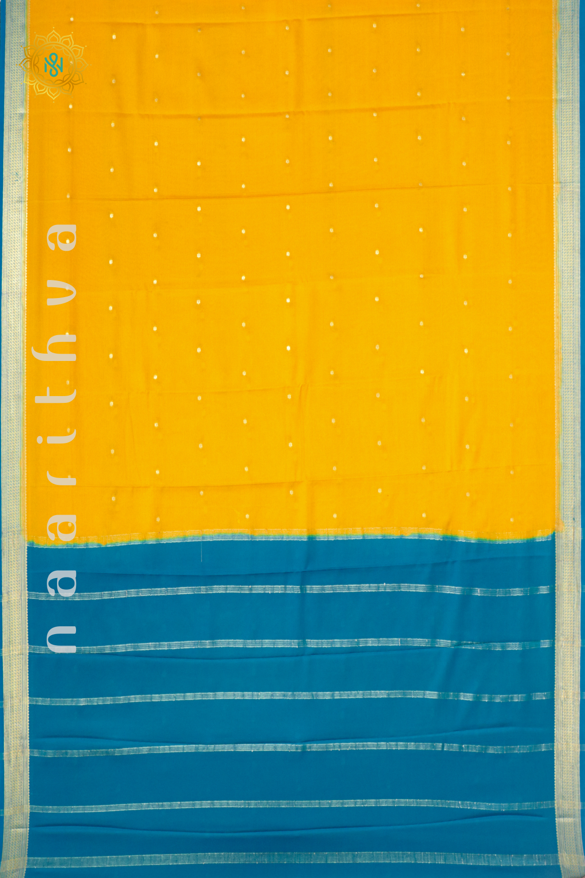 YELLOW WITH SKY BLUE - PURE MYSORE CREPE SILK