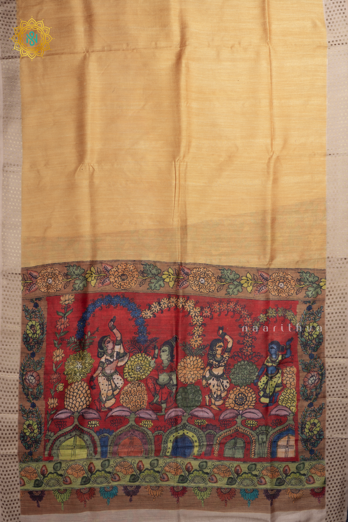 Light Yellow With Dark Peach Semi Cotton Tussar Saree with Contrast Border & Kalamkari Printed Pallu