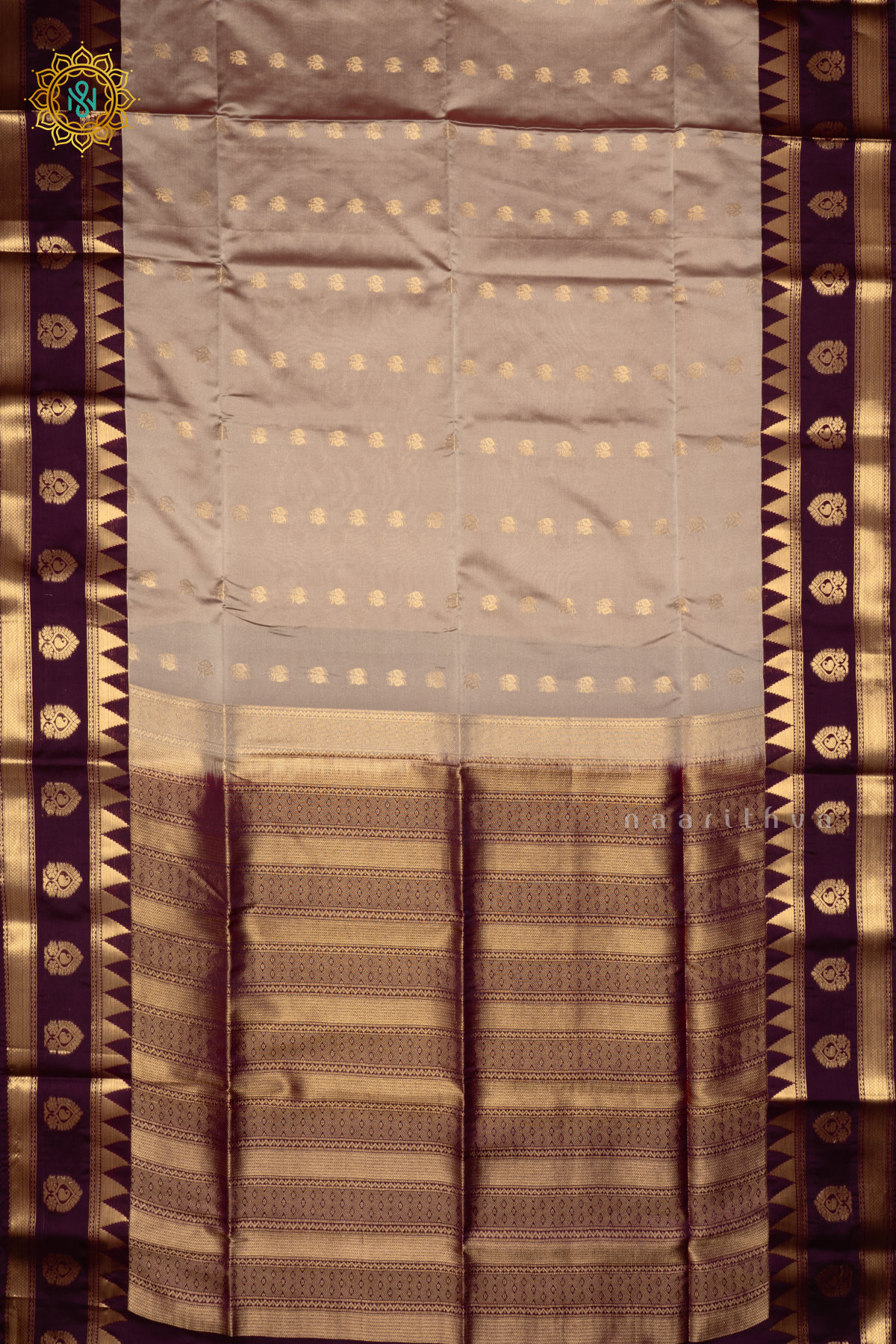 LIGHT GREY WITH DEEP WINE - SEMI SOFT SILK SAREE ALLOVER ZARI BUTTAS AND CONTRAST TEMPLE RISING GAP BORDER