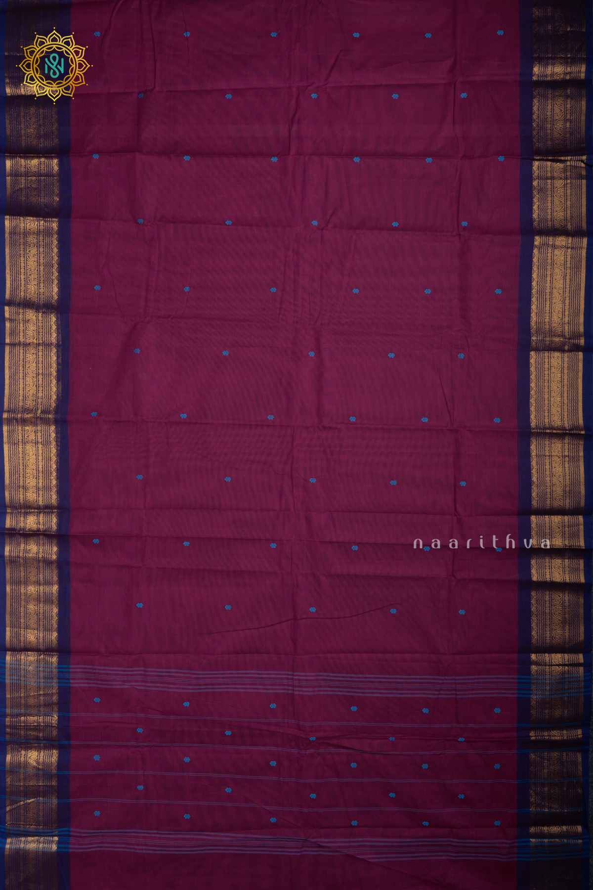 Magenta With Blue Chettinad Cotton Saree With Thread Woven Buttas & Contrast Border