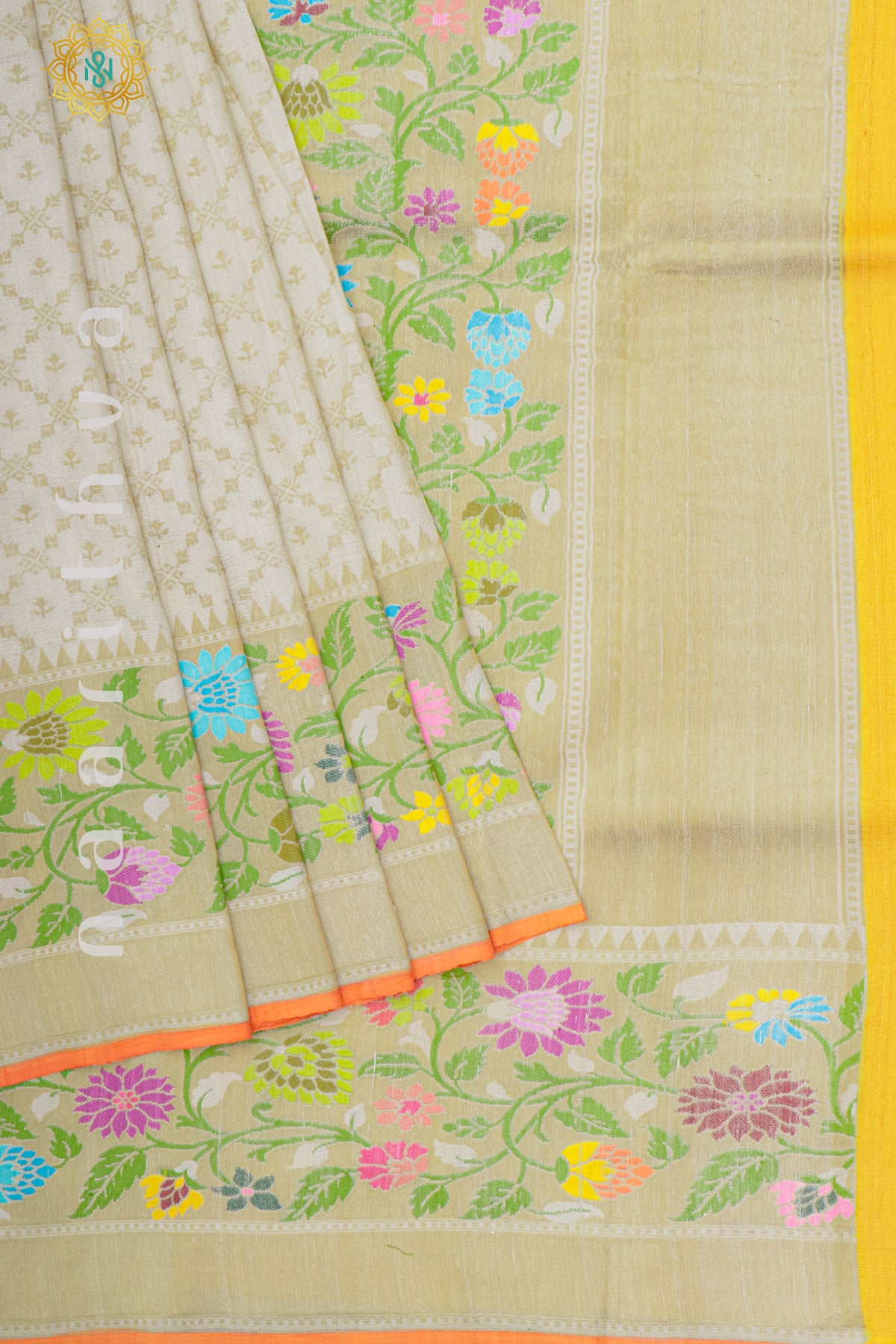 OFF WHITE WITH YELLOW - PURE HAND PAINTED TUSSAR GEORGETTE