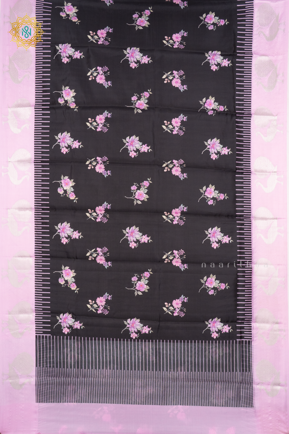 BLACK WITH PINKISH LAVENDER - SEMI CREPE SILK