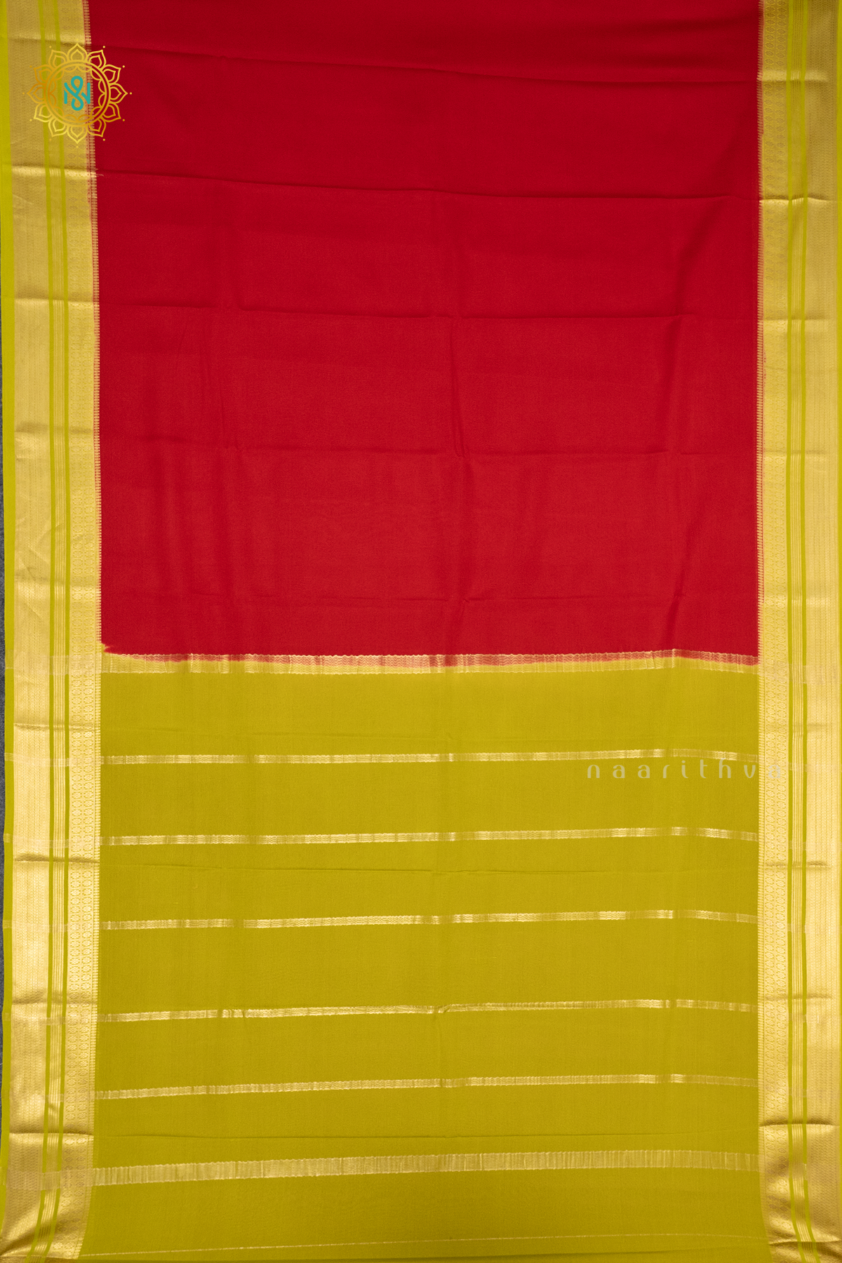 RED WITH PARROT GREEN - PURE MYSORE CREPE SILK
