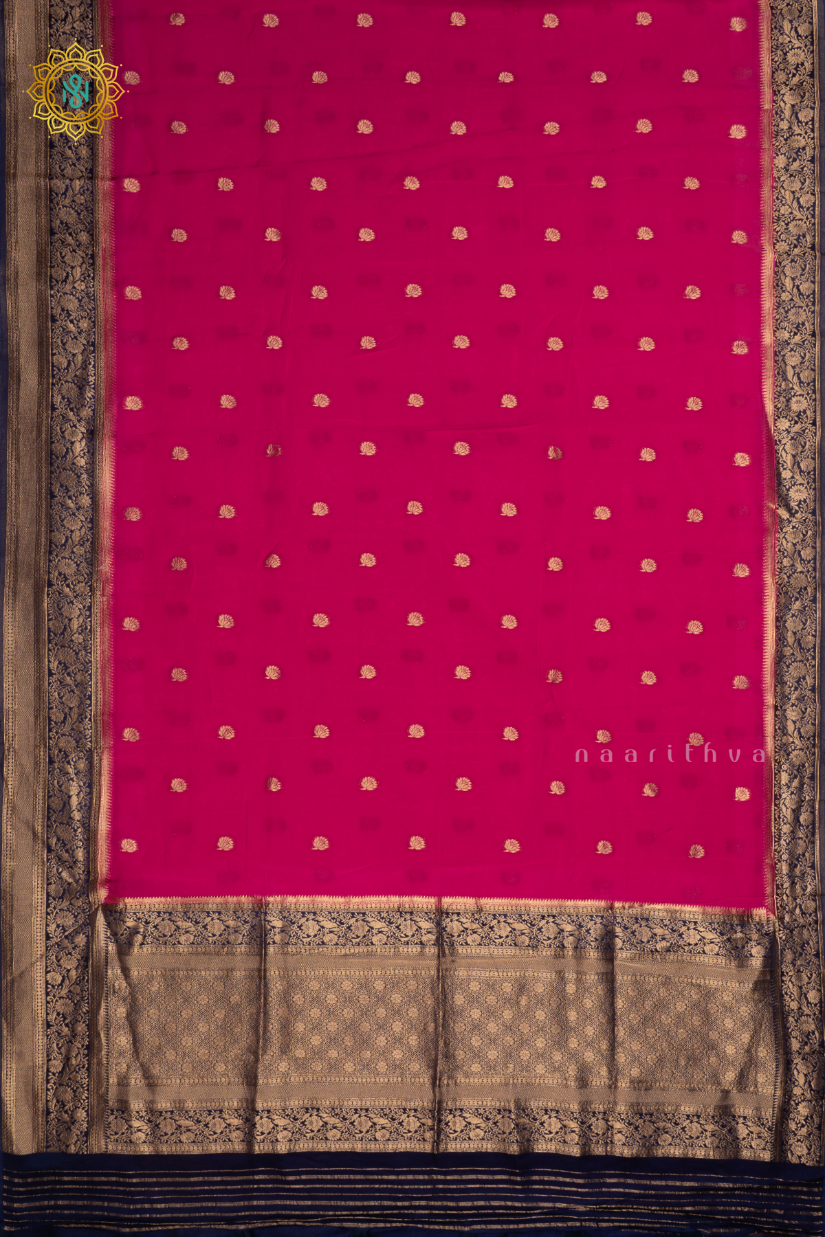 Pink with Navy Blue Pure-Mix Banarasi Crepe Saree with All-Over Zari Buttas and a Contrast Zari Border
