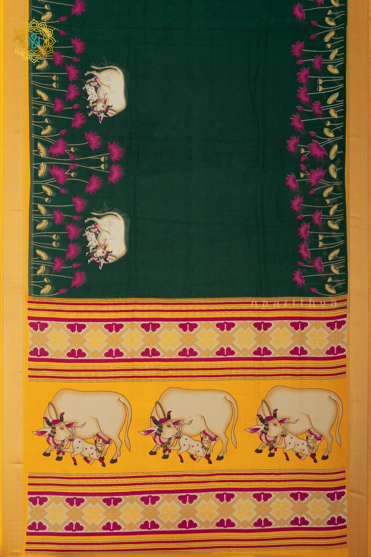 BOTTLE GREEN WITH YELLOW - SEMI GEORGETTE