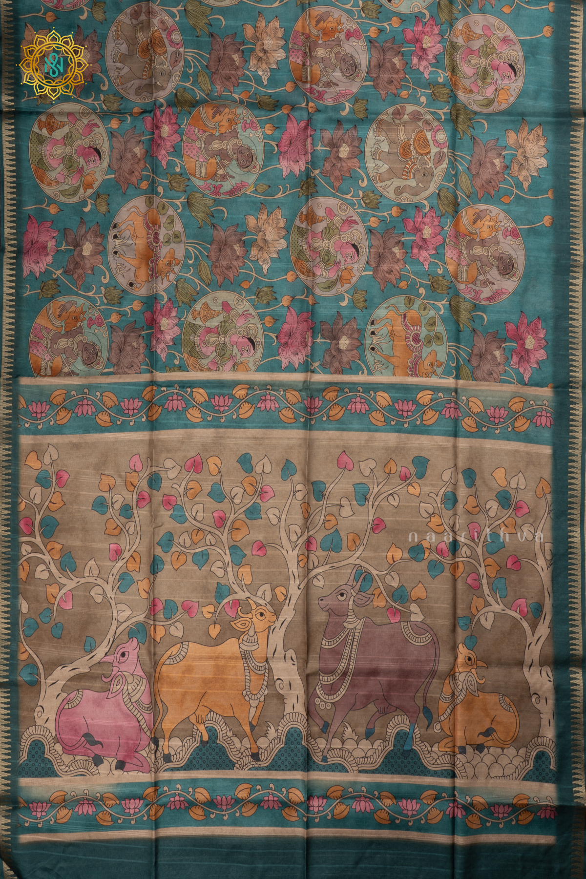 Peacock Green Semi Tussar Silk Saree With Kalamkari Prints allover the body,Pallu and Zari Border