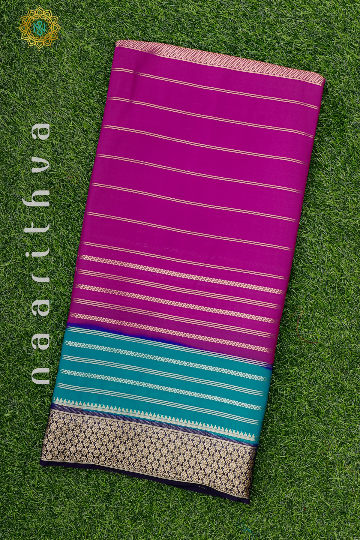 PINK WITH SKY BLUE & NAVY BLUE - SEMI MYSORE CREPE SILK