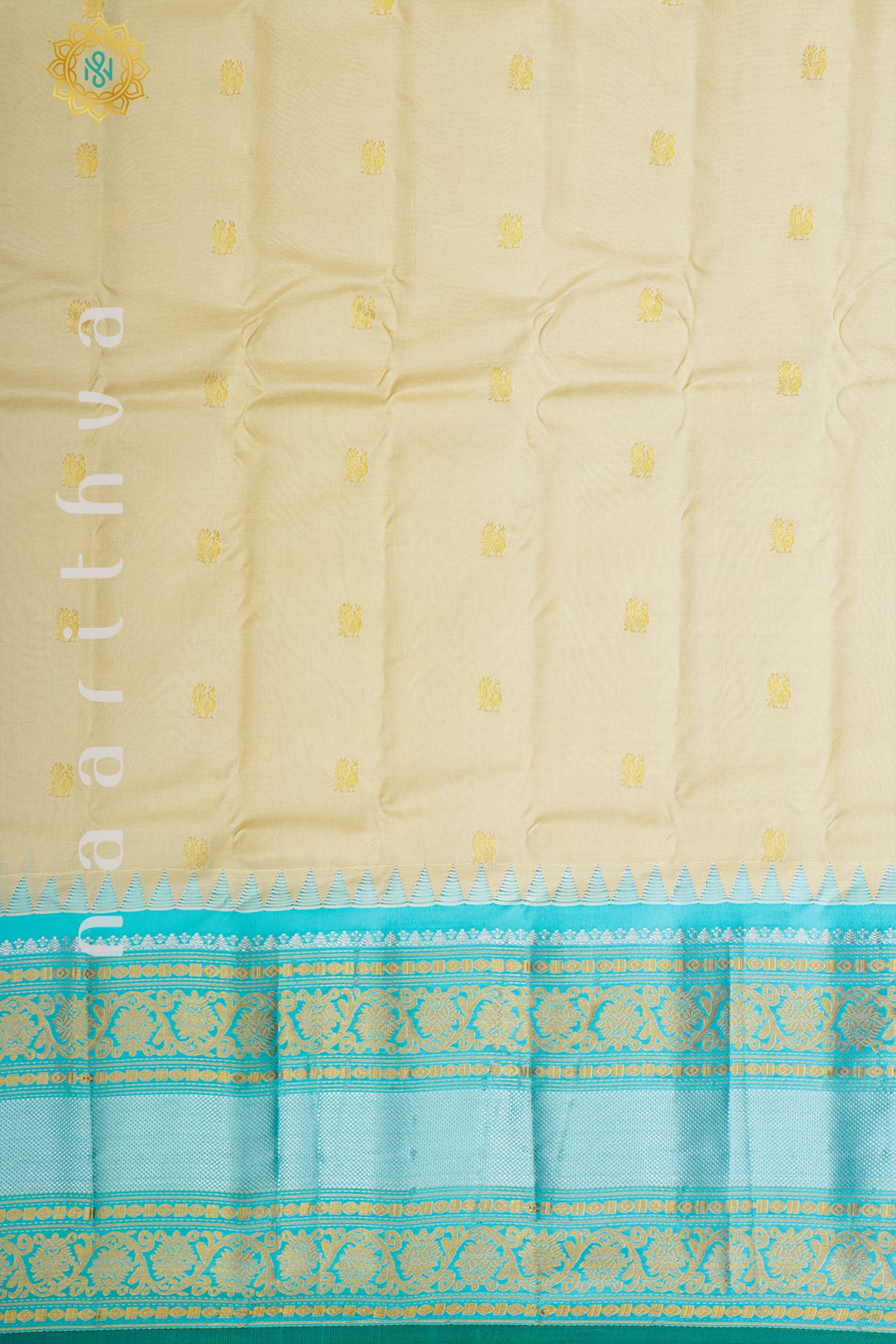 OFF WHITE WITH AQUA BLUE - PURE GADWAL SILK