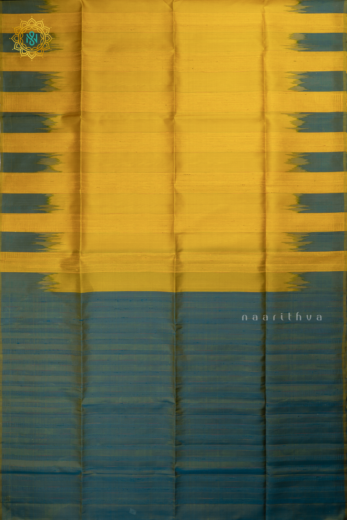 Yellow with Blue Pure Kanjivaram Soft Silk Saree With Plain Body And Contrast Temple Rising Border, Pallu