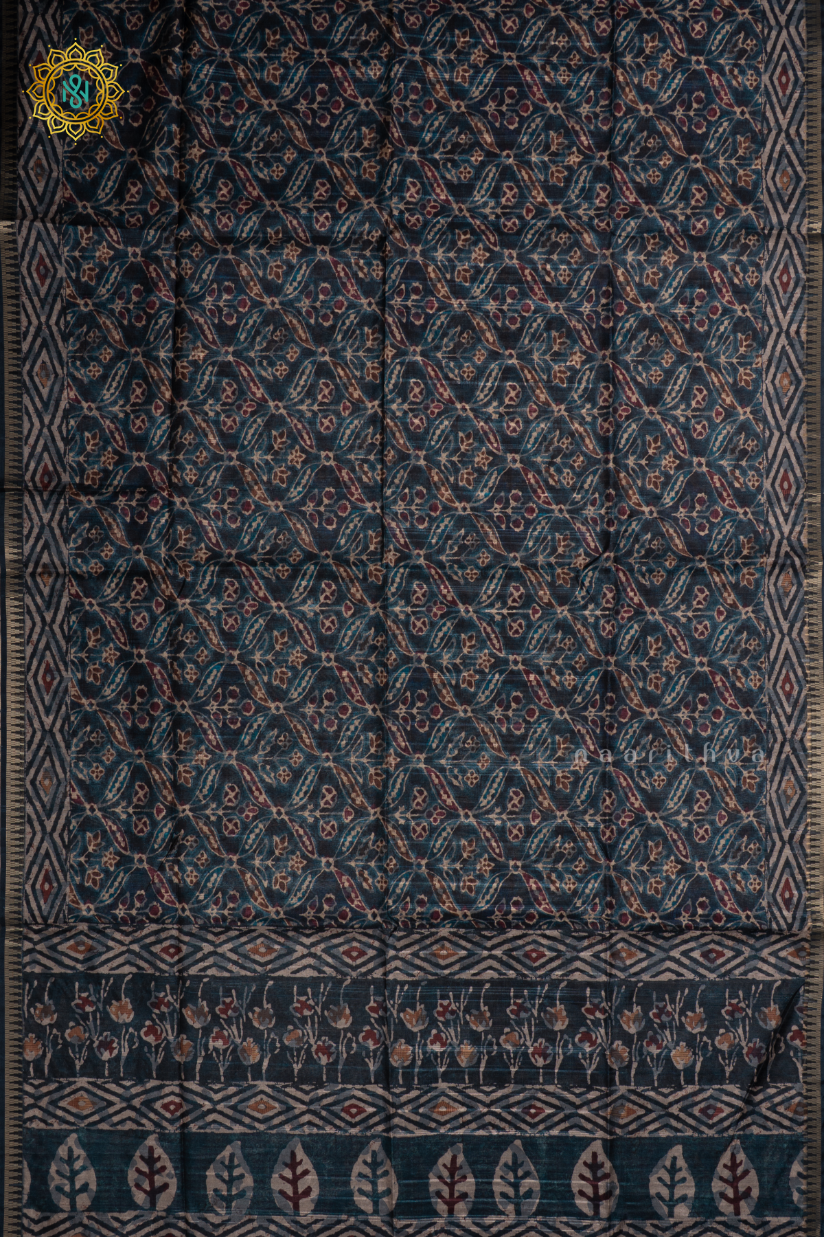 NAVY BLUE - SEMI TUSSAR SILK SAREE WITH ALLOVER PRINTED BODY WITH TEMPLE RISING BORDER