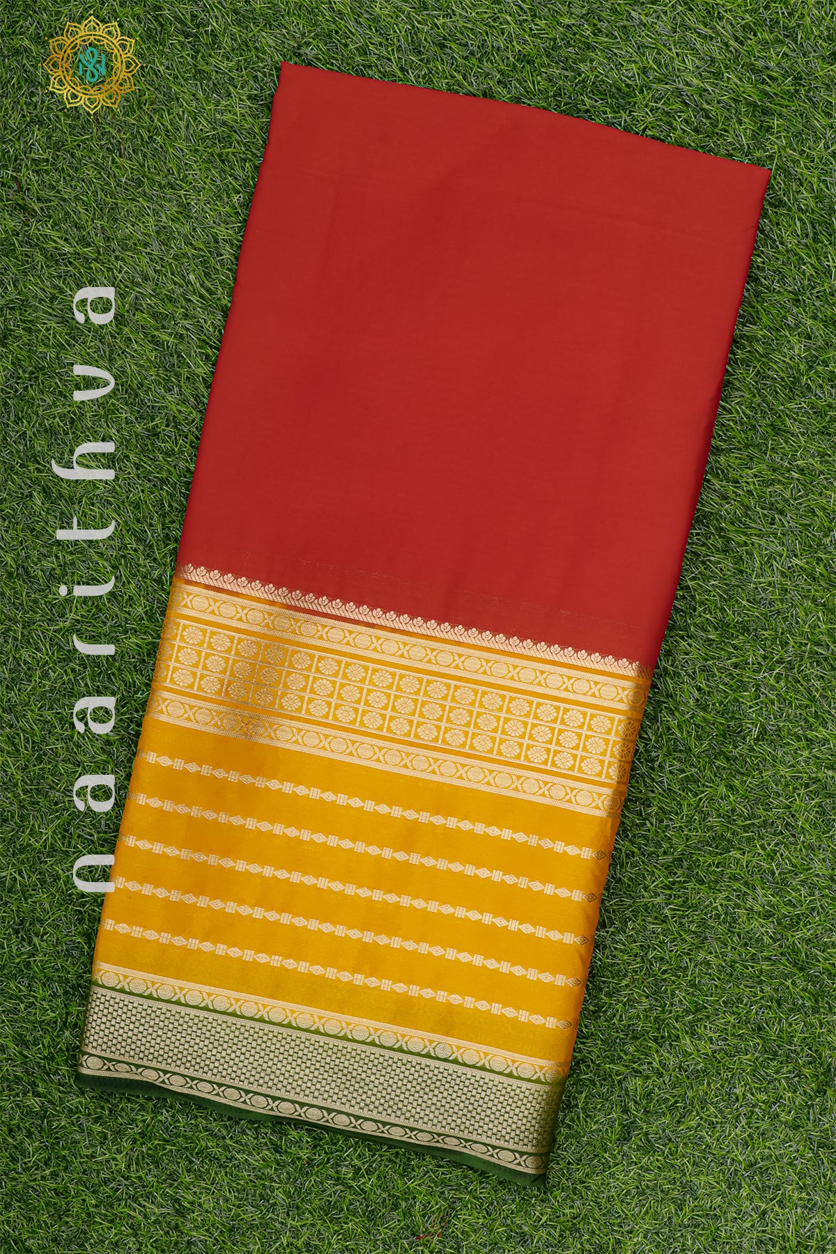 RED WITH YELLOW & GREEN - SEMI MYSORE CREPE SILK