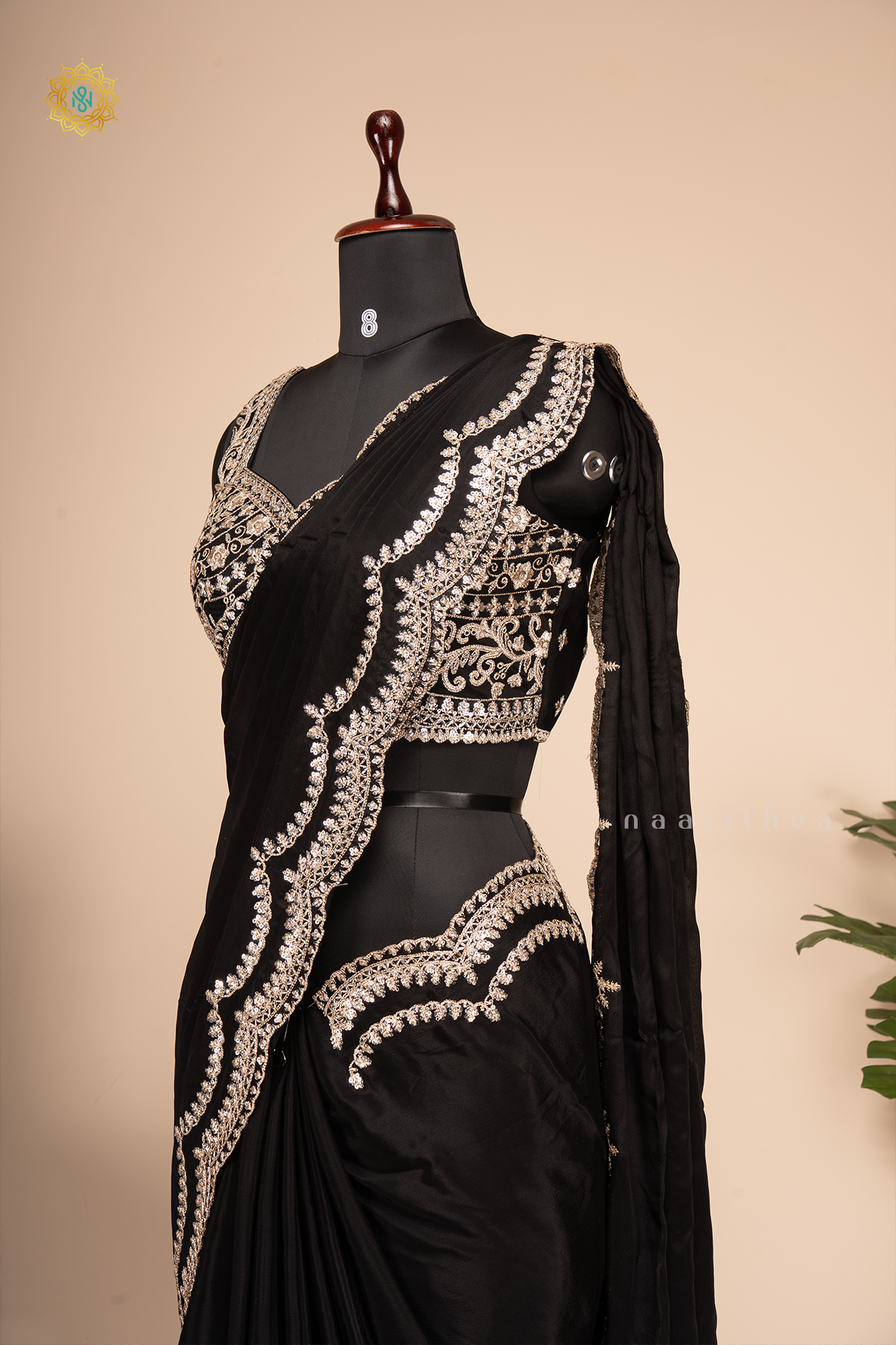 Black Chinnon Designer Wear Saree with Readymade Blouse