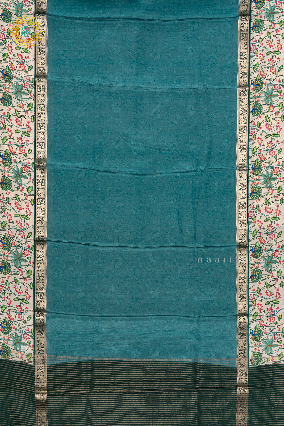 AQUA BLUE WITH OFF WHITE - SEMI CREPE SILK