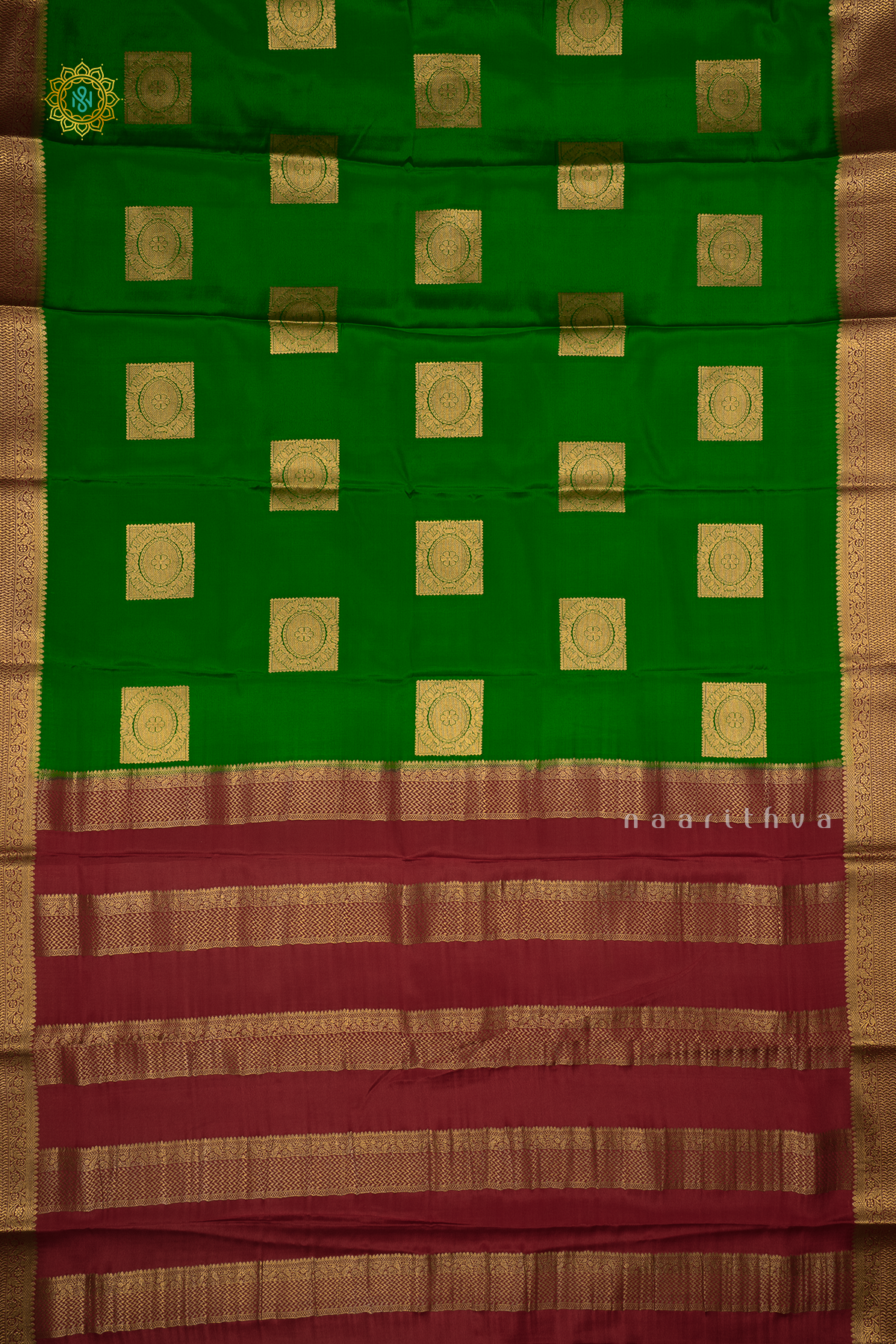 GREEN WITH MAROON - PURE MYSORE CREPE SILK