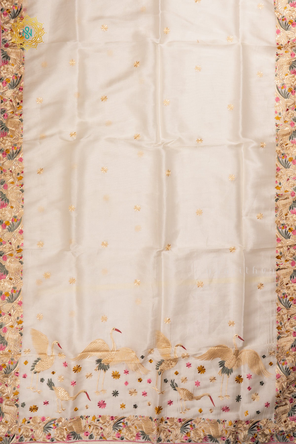 Off White Tissue Organza Saree All Over Hand Embroidery Buttas with Hand Embroidery Border
