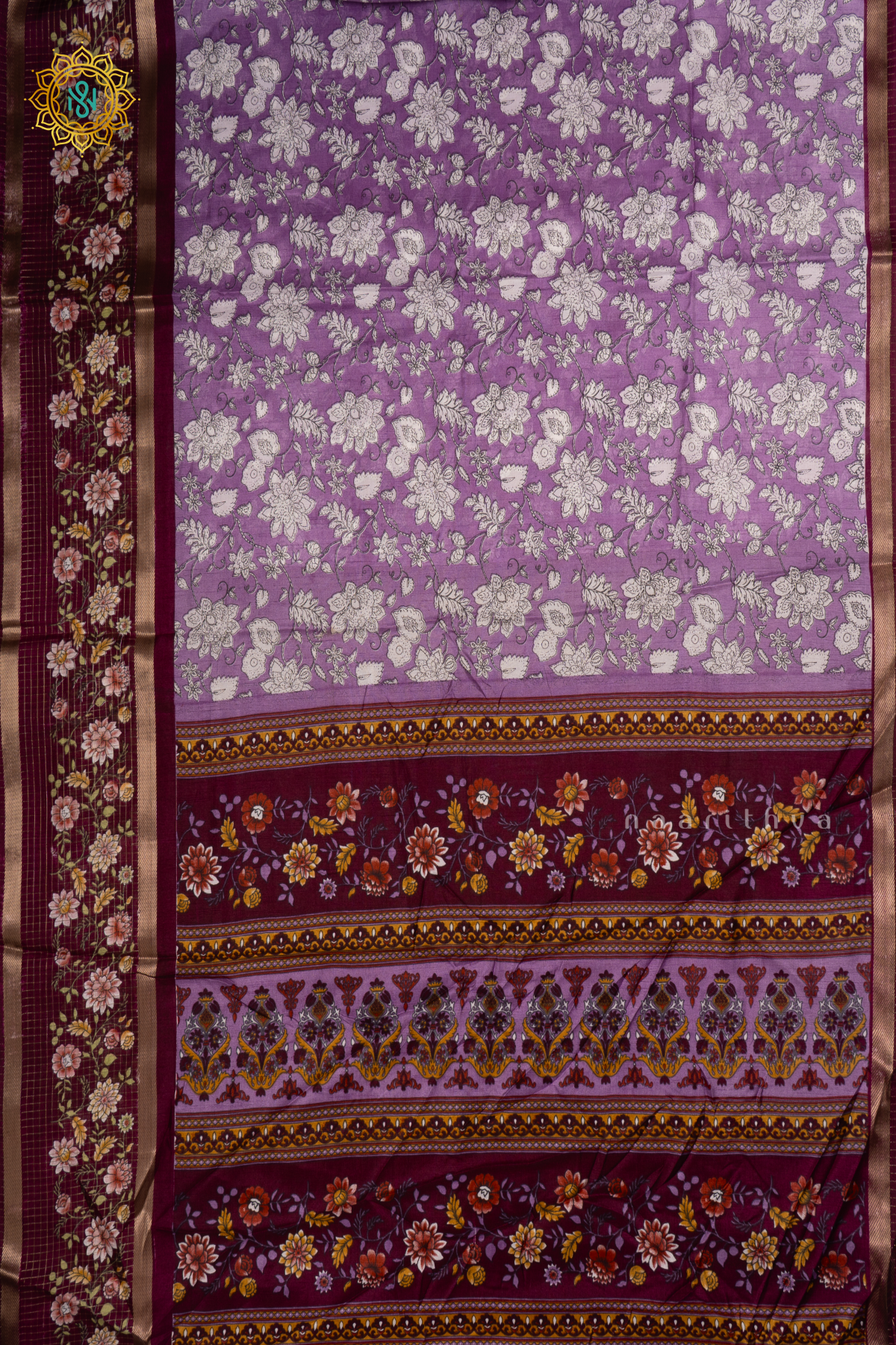 Lavender With Deep Wine Dola Silk Saree With Printed Body And Contrast Zari Checks Border