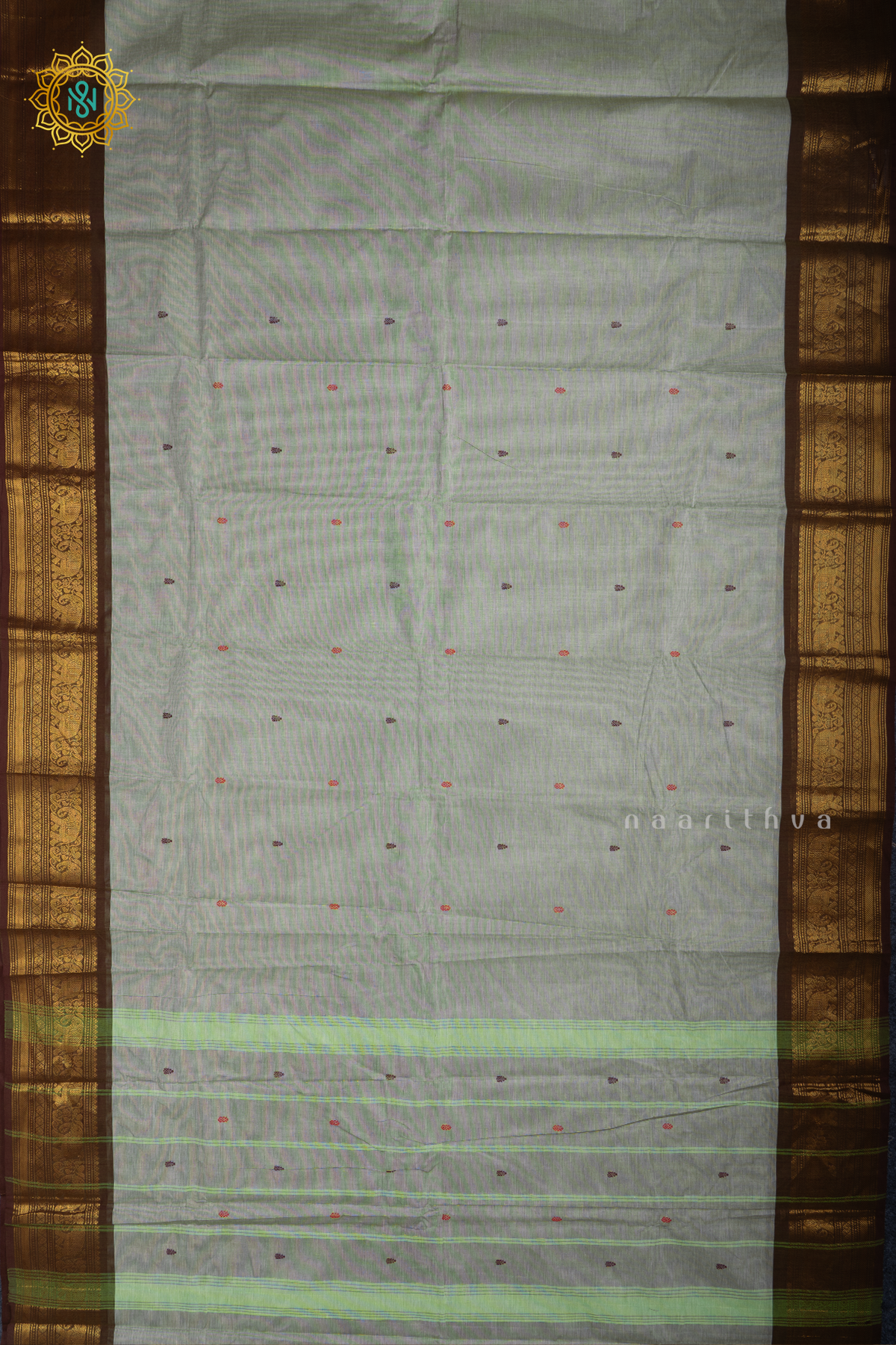 Grey With Olive Green Chettinad Cotton Saree With Thread Woven Buttas & Contrast Border