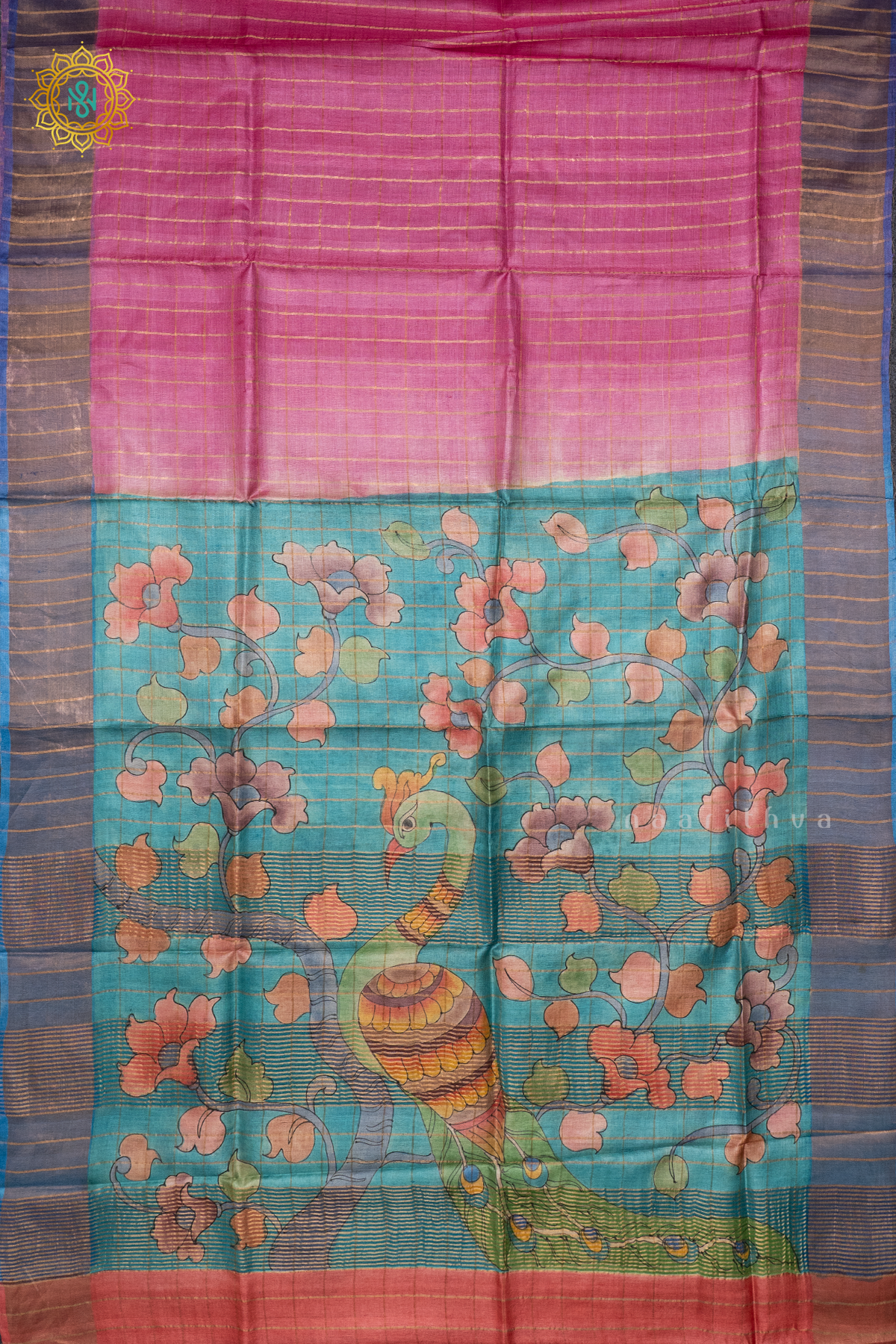 PINK WITH BLUE - PURE TUSSAR SILK