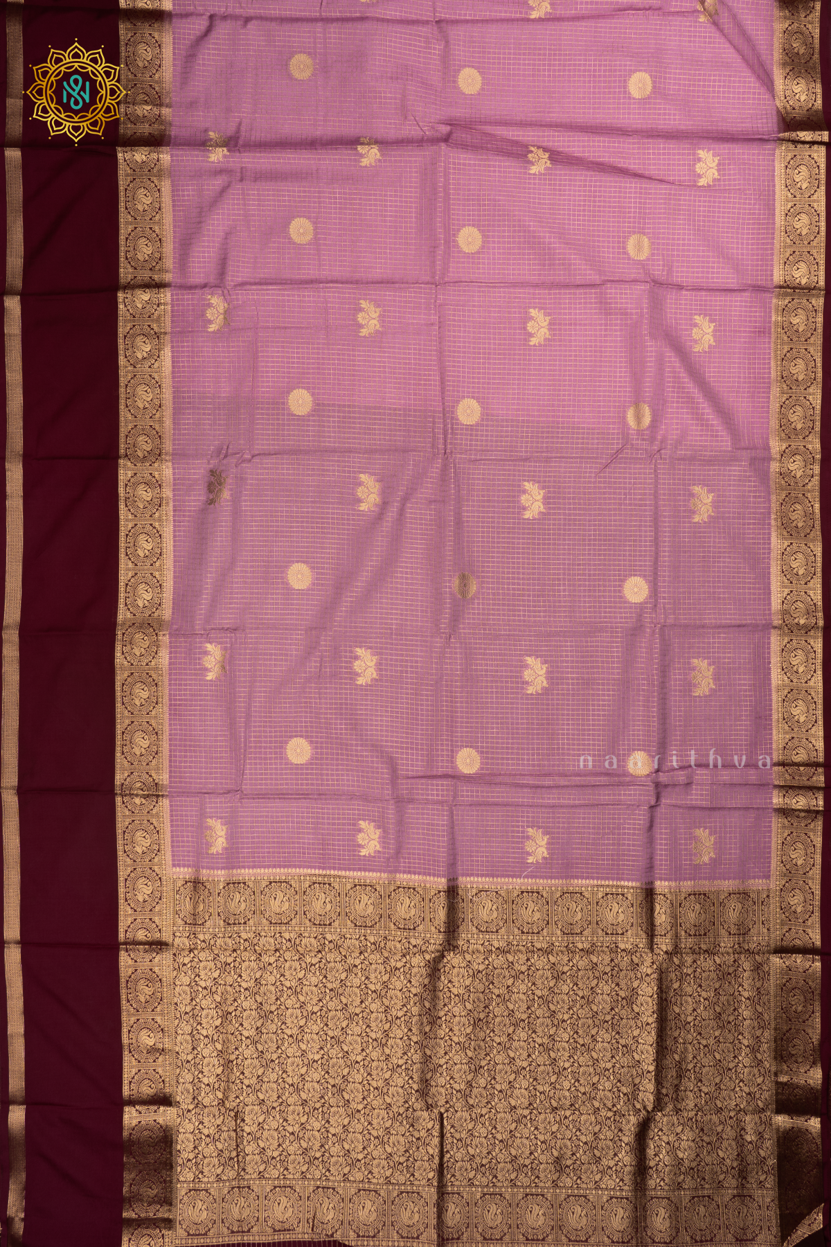 Wine with lavender - Semi Crepe Silk Saree with Allover Plain Body with Contrast Zari Border, Pallu and Blouse