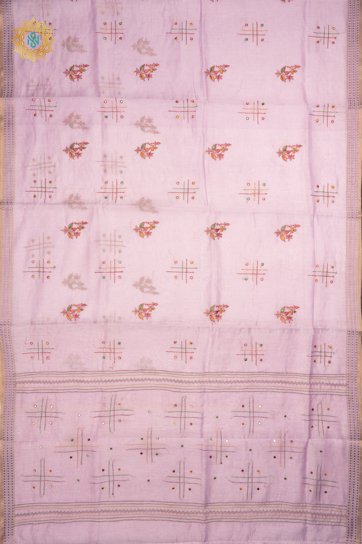 LIGHT PINK - CHANDERI  COTTON SAREE WITH EMBROIDERY BUTTAS,  PALLU AND THREAD WOVEN BORDER