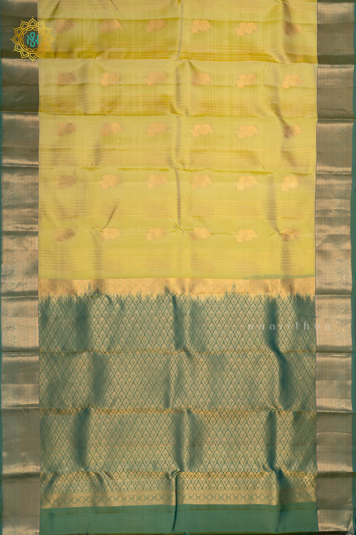 Pista Green with Aqua Green Pure Mix Kanjivaram Silk Saree with Zari Woven Stripes, Buttas and Zari Woven Contrast Border