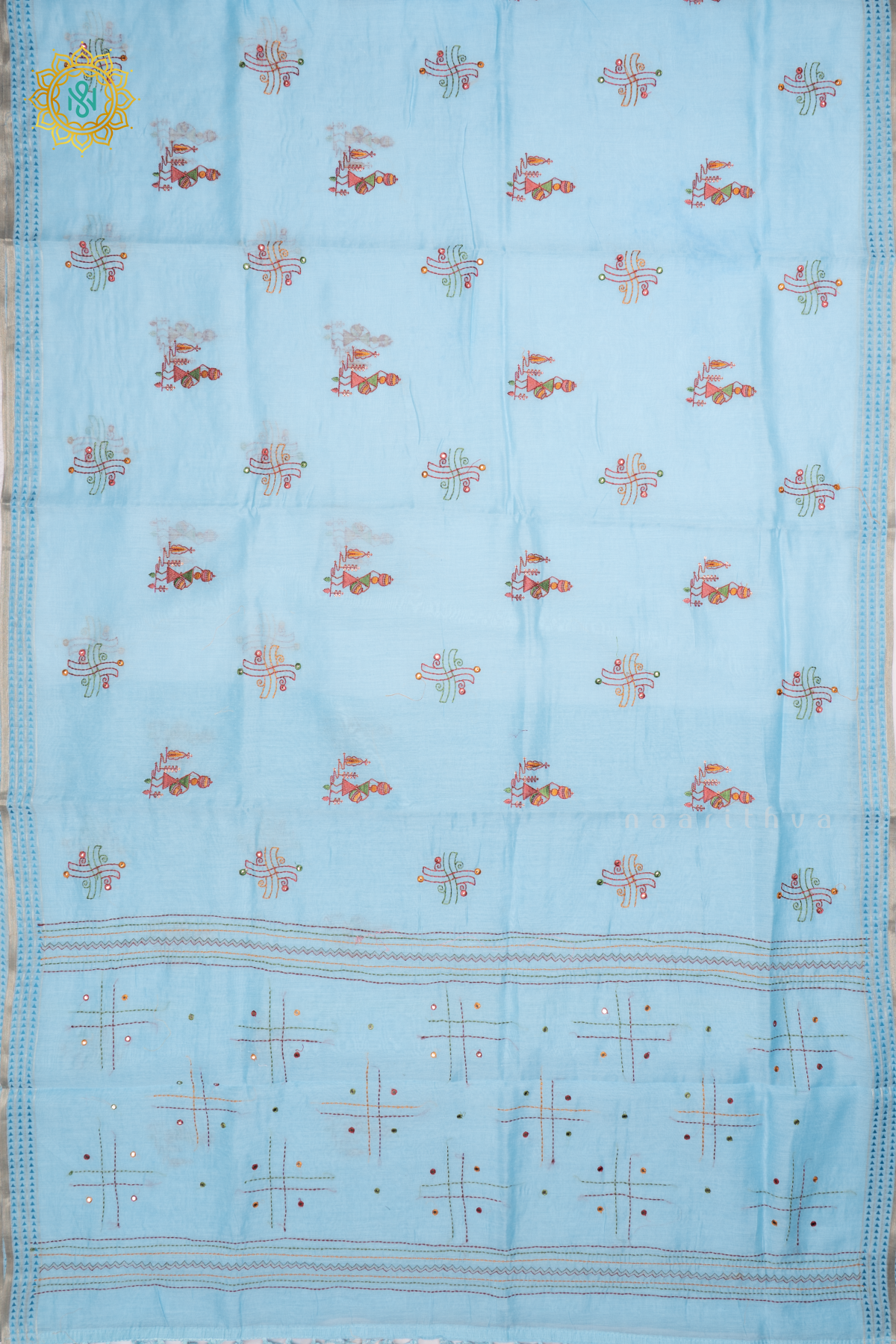 SKY BLUE - CHANDERI  COTTON SAREE WITH EMBROIDERY BUTTAS,  PALLU AND THREAD WOVEN BORDER