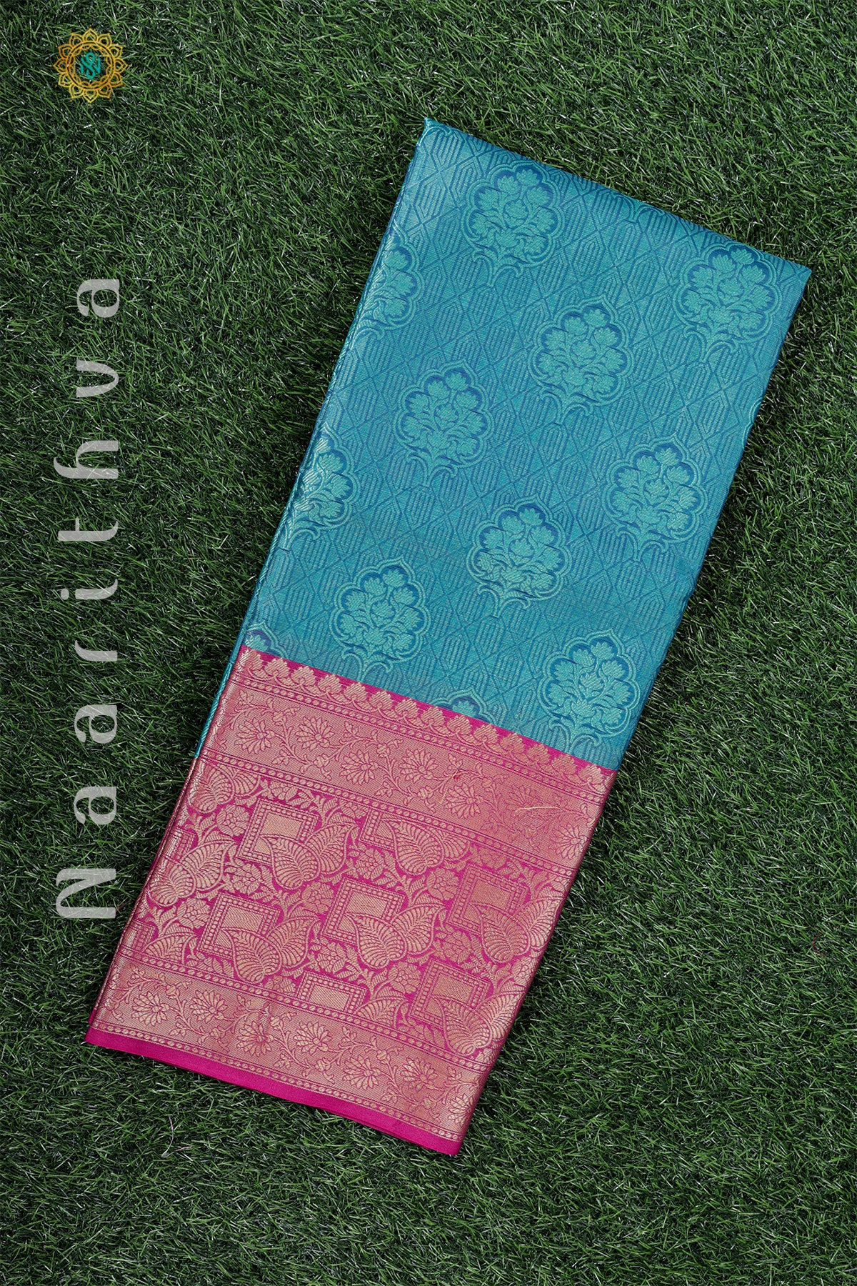 BLUE WITH PINK - KORA TANCHOI SILK WITH CONTRAST BORDER