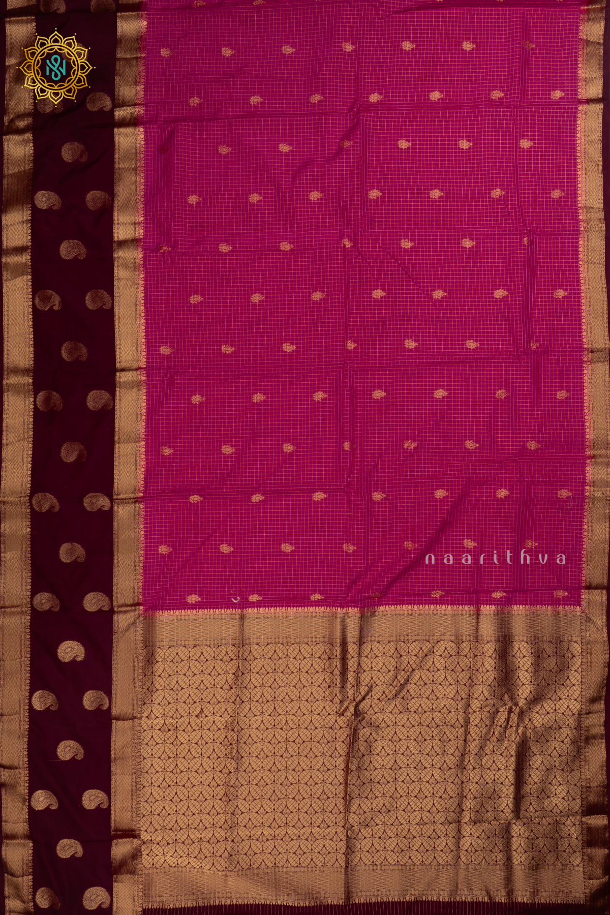 Magenta with Deep WIne Semi Mysore Crepe Silk Saree with All-Over Zari Checks and Buttas and a Contrast Zari Gap Border
