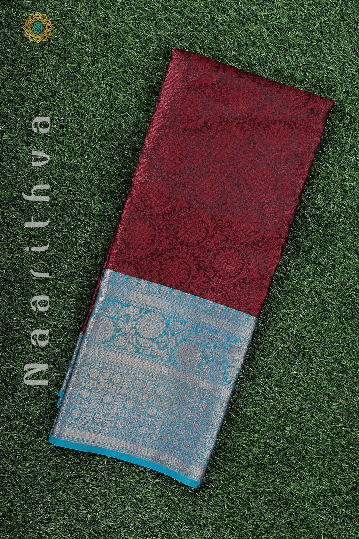MAROON WITH BLUE - KORA TANCHOI SILK WITH CONTRAST BORDER