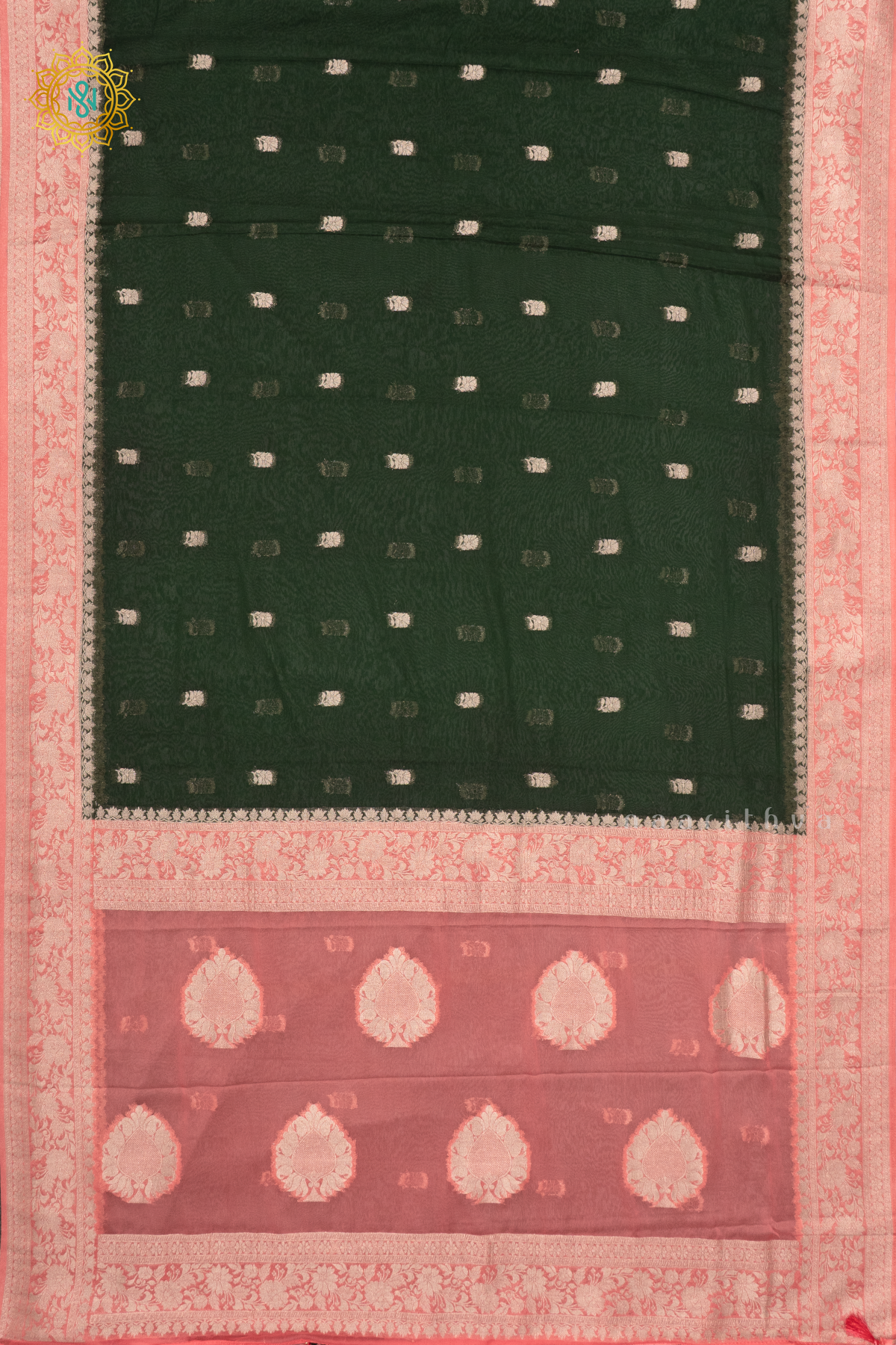 BOTTLE GREEN WITH PEACH - SEMI CHIFFON BANARASI