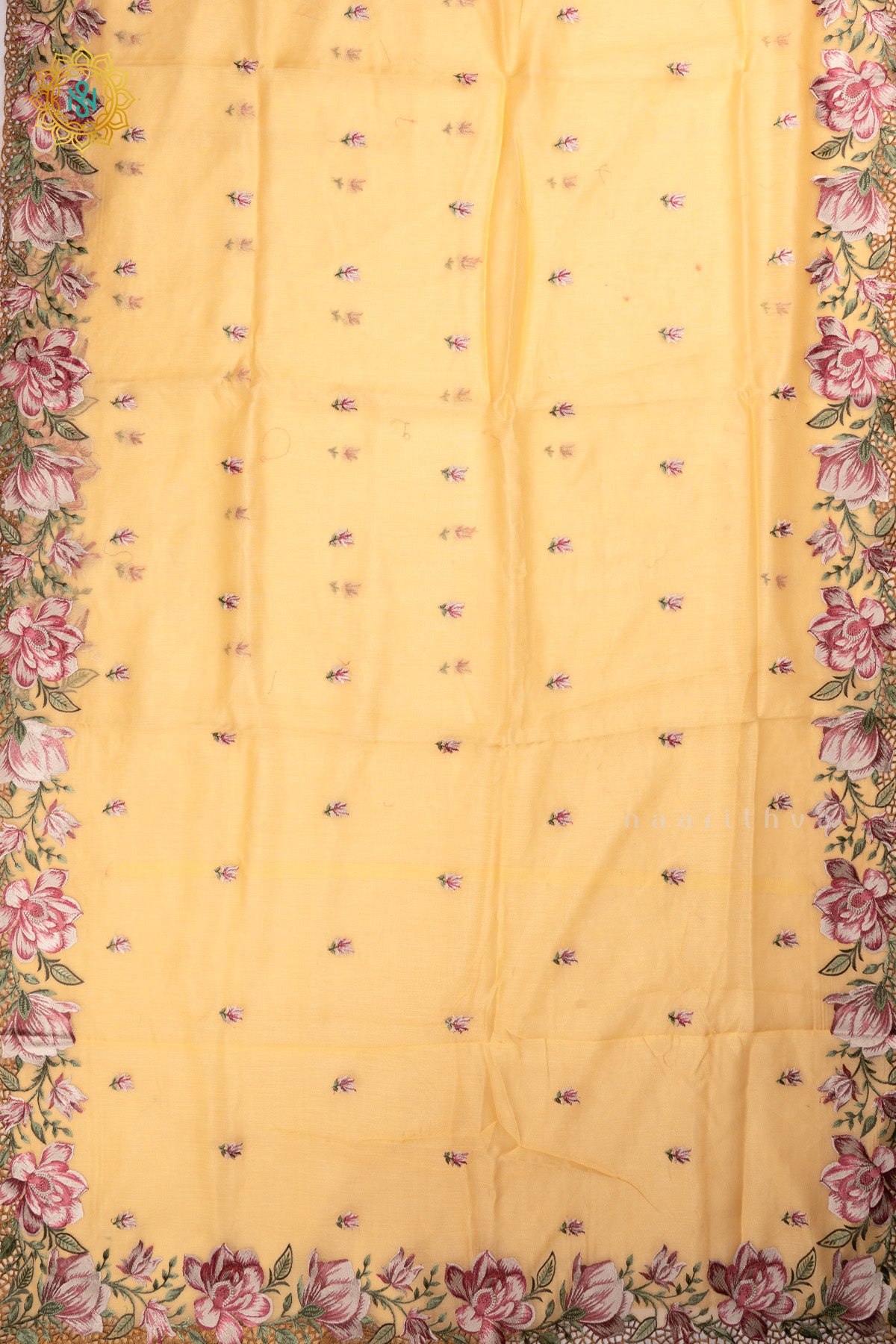Yellow Organza Tissue Saree Allover Embroidery Buttas with Cutwork and Embroidery Border