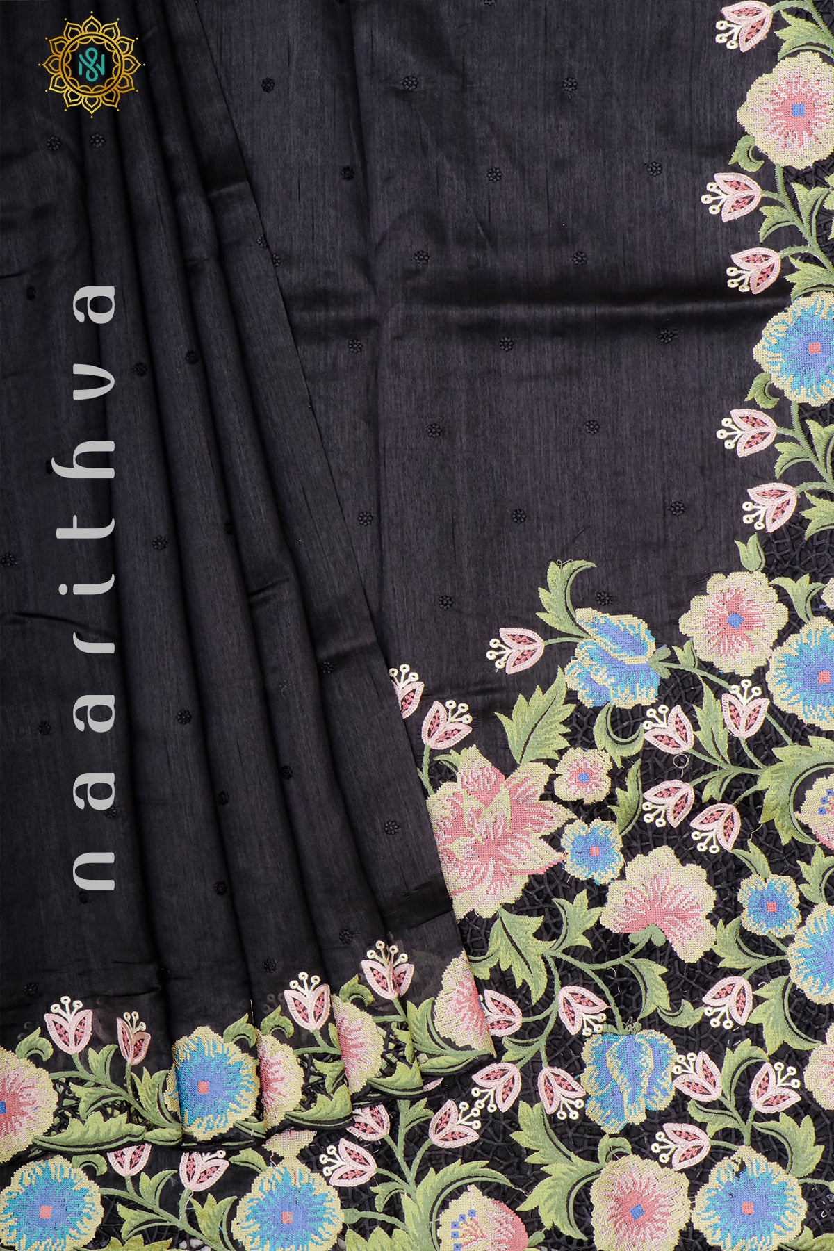 BLACK - SEMI TUSSAR SILK WITH EMBROIDERY