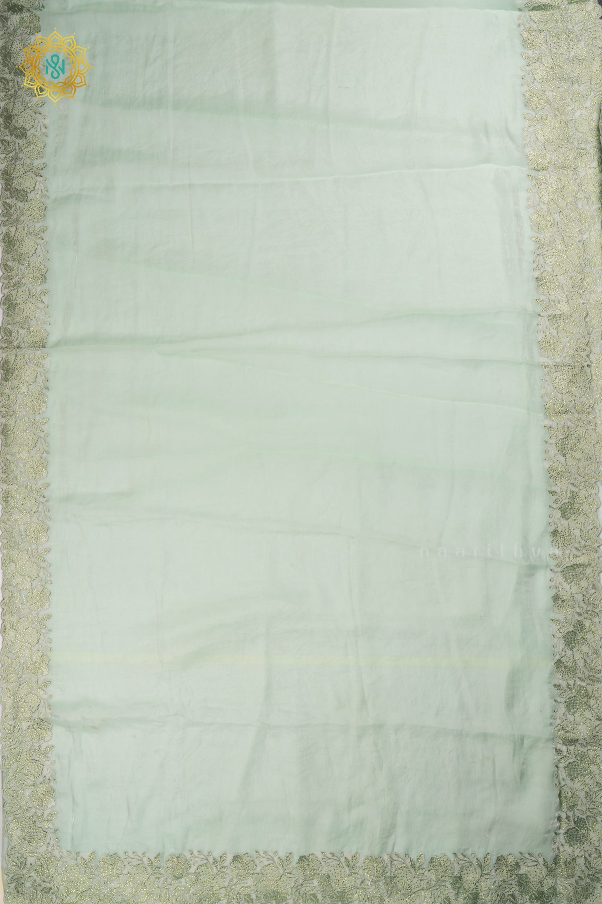 Pista Green - Tissue Organza Saree with Allover Plain Body with Thread Work and Stone work border
