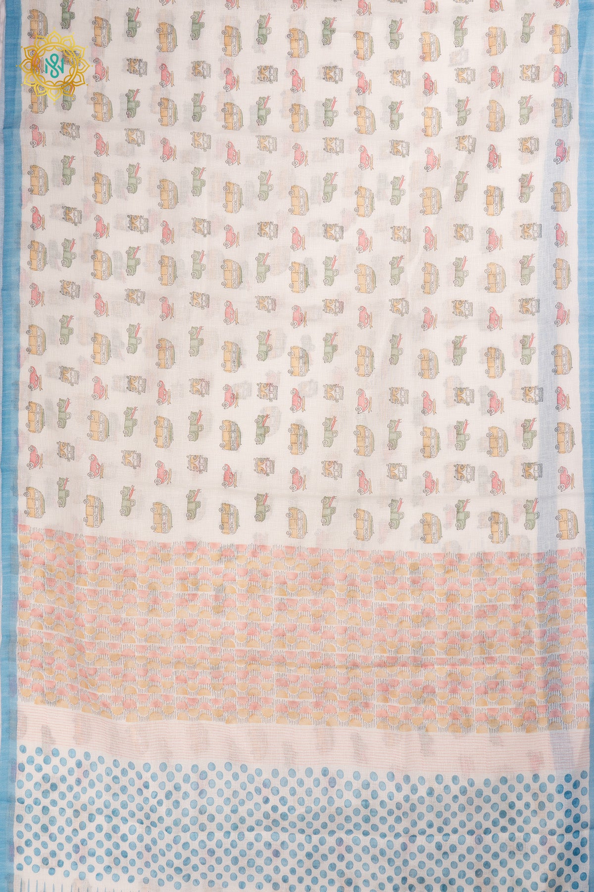 White with Blue Linen Cotton Saree with Allover Pastel Vintage Vehicle Prints and Contrast Border