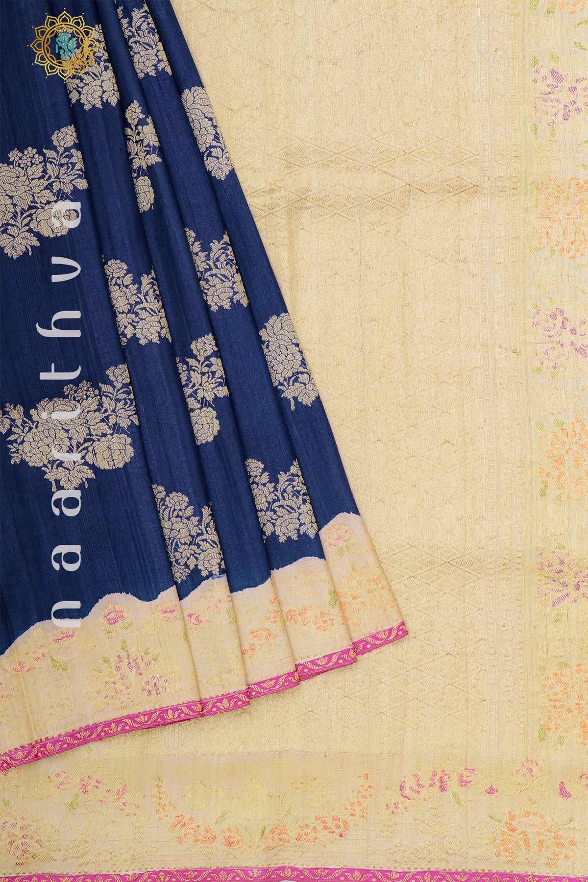 BLUE WITH OFF WHITE & RANI PINK - PURE HAND PAINTED TUSSAR GEORGETTE