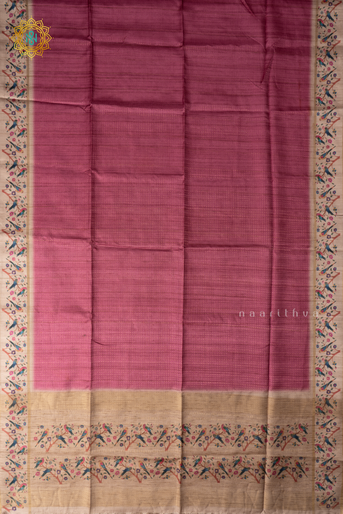 Rouge Pink With Beige Semi Tussar Silk Saree With Zari Stripes & Buttas On The Body, Printed Border And Contrast Blouse