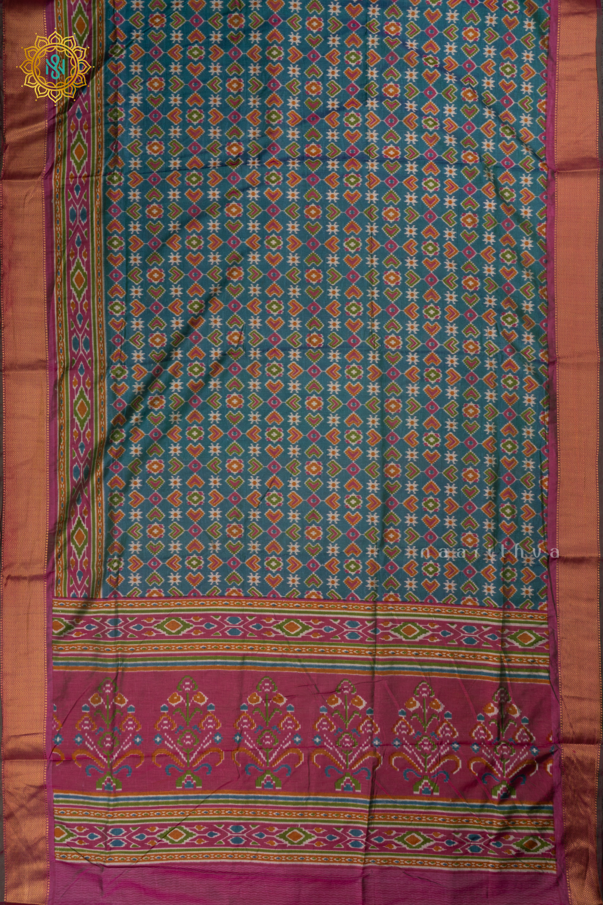 Cyan Blue with Pink - Semi Silk Saree Allover Patola Printed Body with Contrast Zari Border, Pallu and Blouse