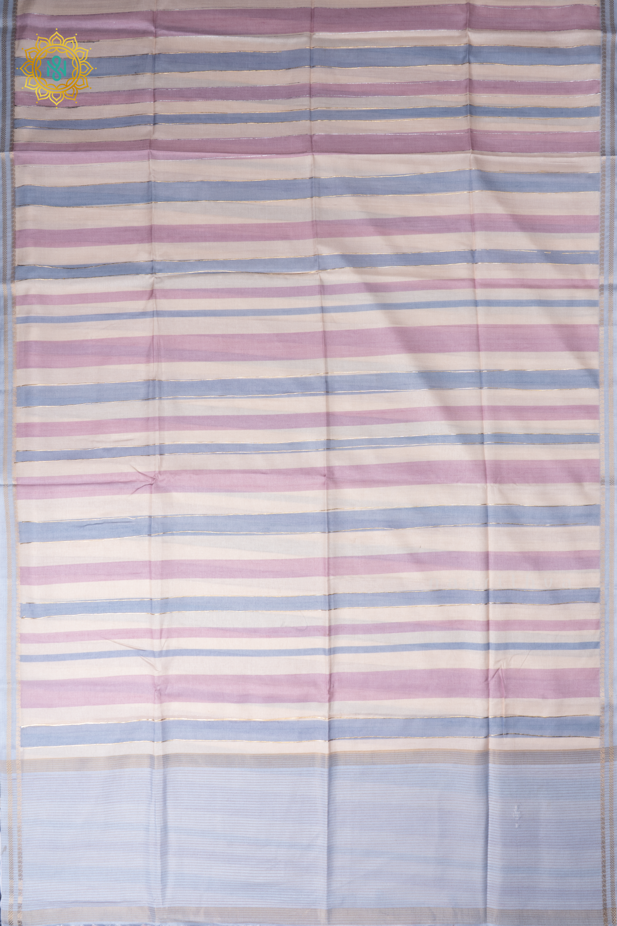 Blue With Lavender Semi Tussar Silk Saree With Vertical Stripes & Contrast Pallu