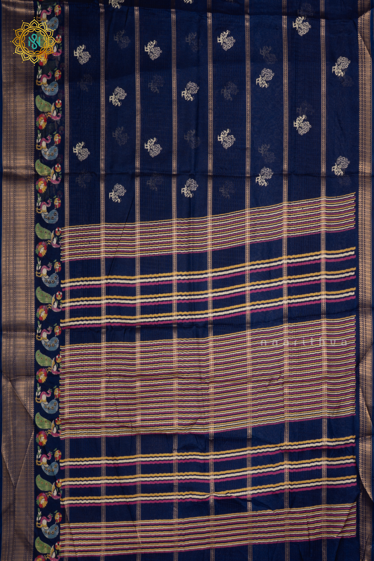 NAVY BLUE - SEMI GEORGETTE SAREE ALLOVER PRINTED BUTTAS AND ZARI BORDER